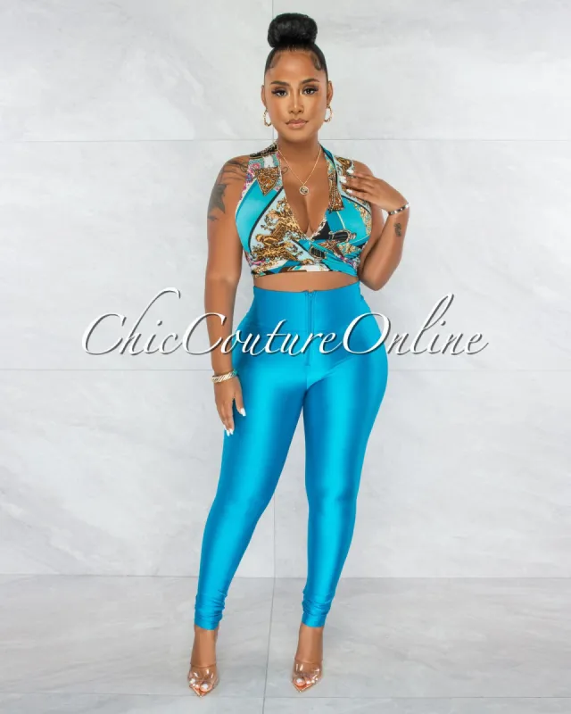 Luccy Turquoise Print Tie Top & Turquoise Leggings Set sold by chic