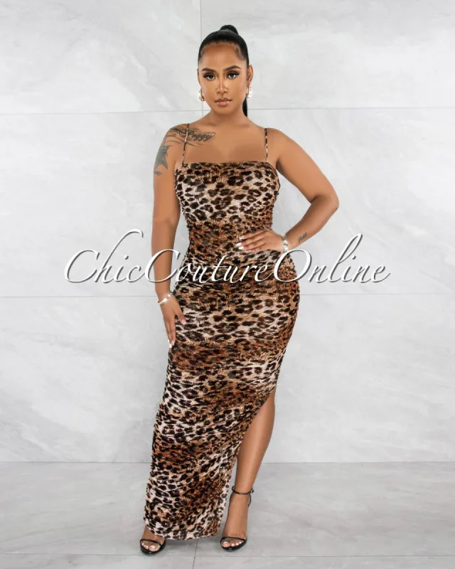 *Edellah Leopard Print Mesh Ruched Side Slit Maxi Dress sold by Chic Couture