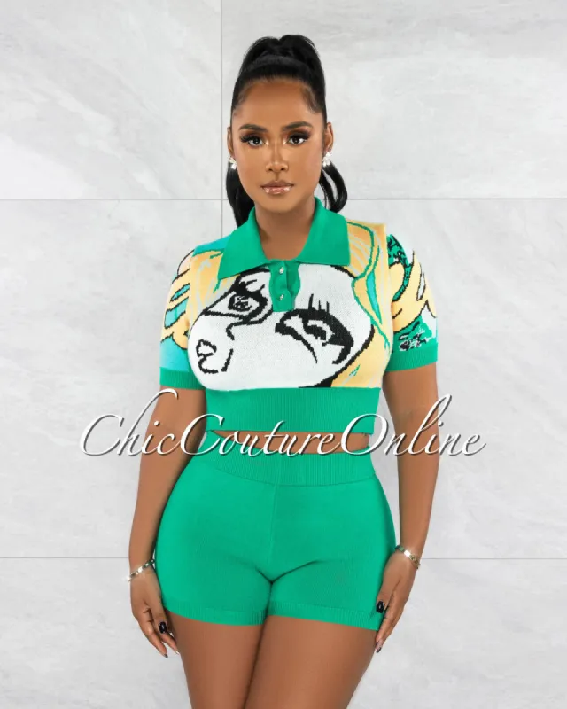 *Keyah Green Multi-Color Print Crop Top & Shorts Knit Set sold by Chic Couture
