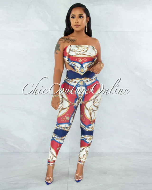 *Hanya Red Navy Blue Print Scarf Satin Top & Leggings Set sold by Chic Couture