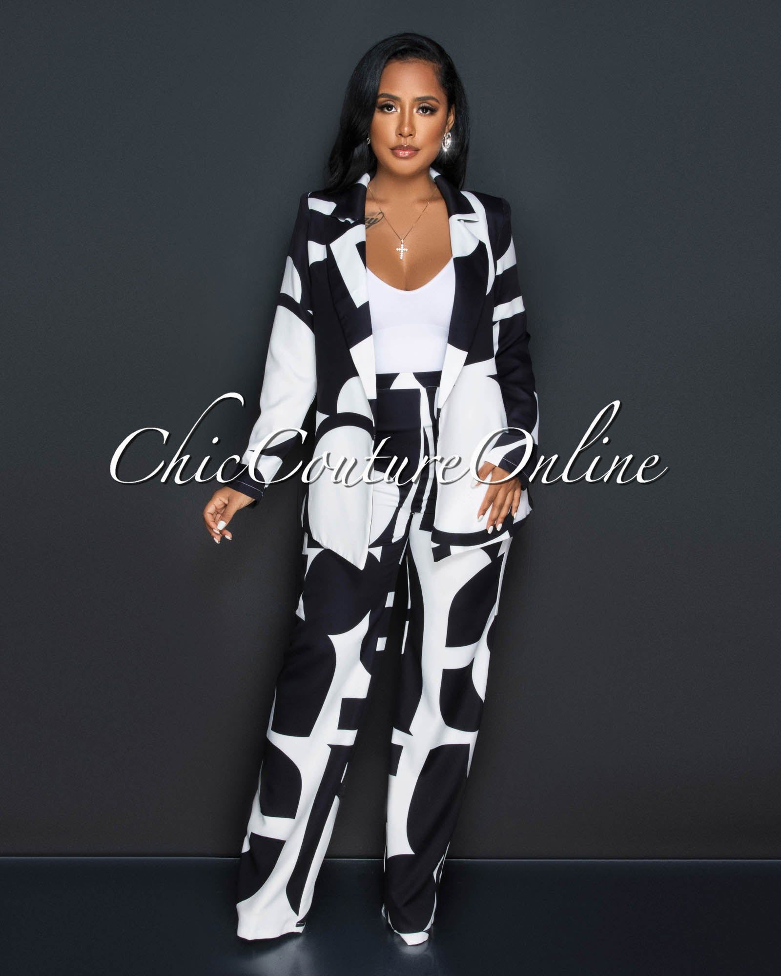 Janeen Black White Print Self-Tie Blazer & Wide Pants Set sold by Chic Couture product image thumbnail 3