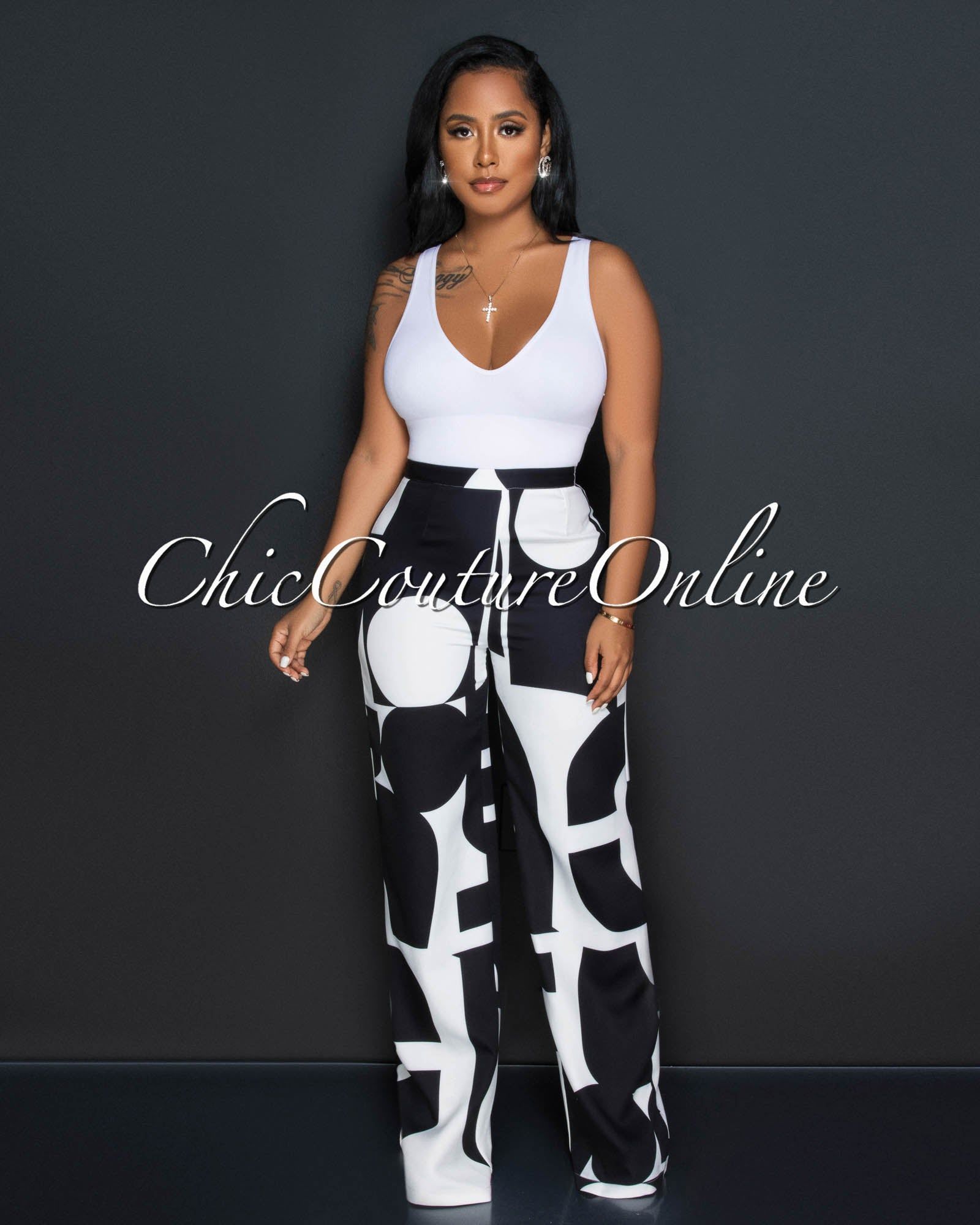 Janeen Black White Print Self-Tie Blazer & Wide Pants Set sold by Chic Couture product image thumbnail 5