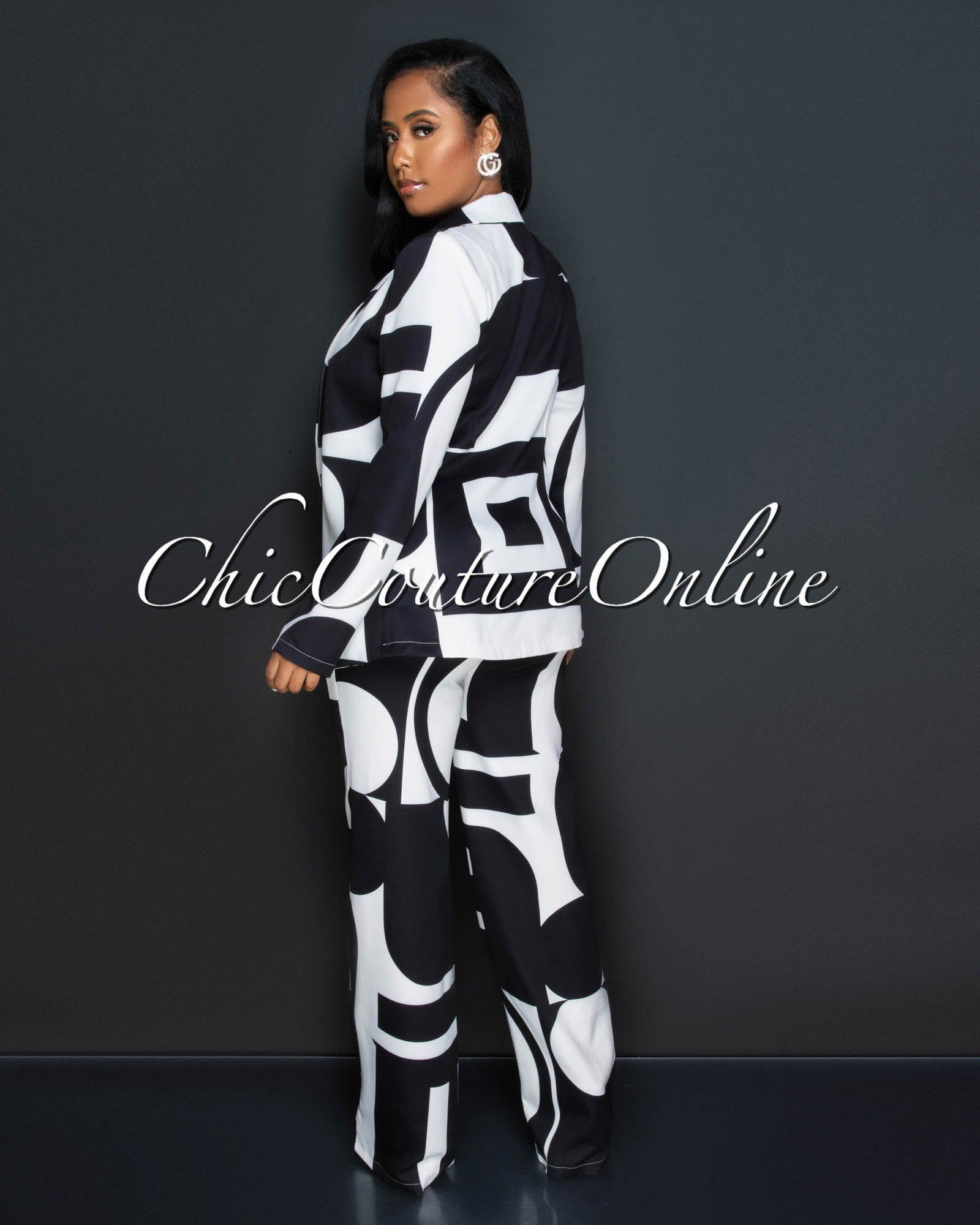 Janeen Black White Print Self-Tie Blazer & Wide Pants Set sold by Chic Couture product image thumbnail 4