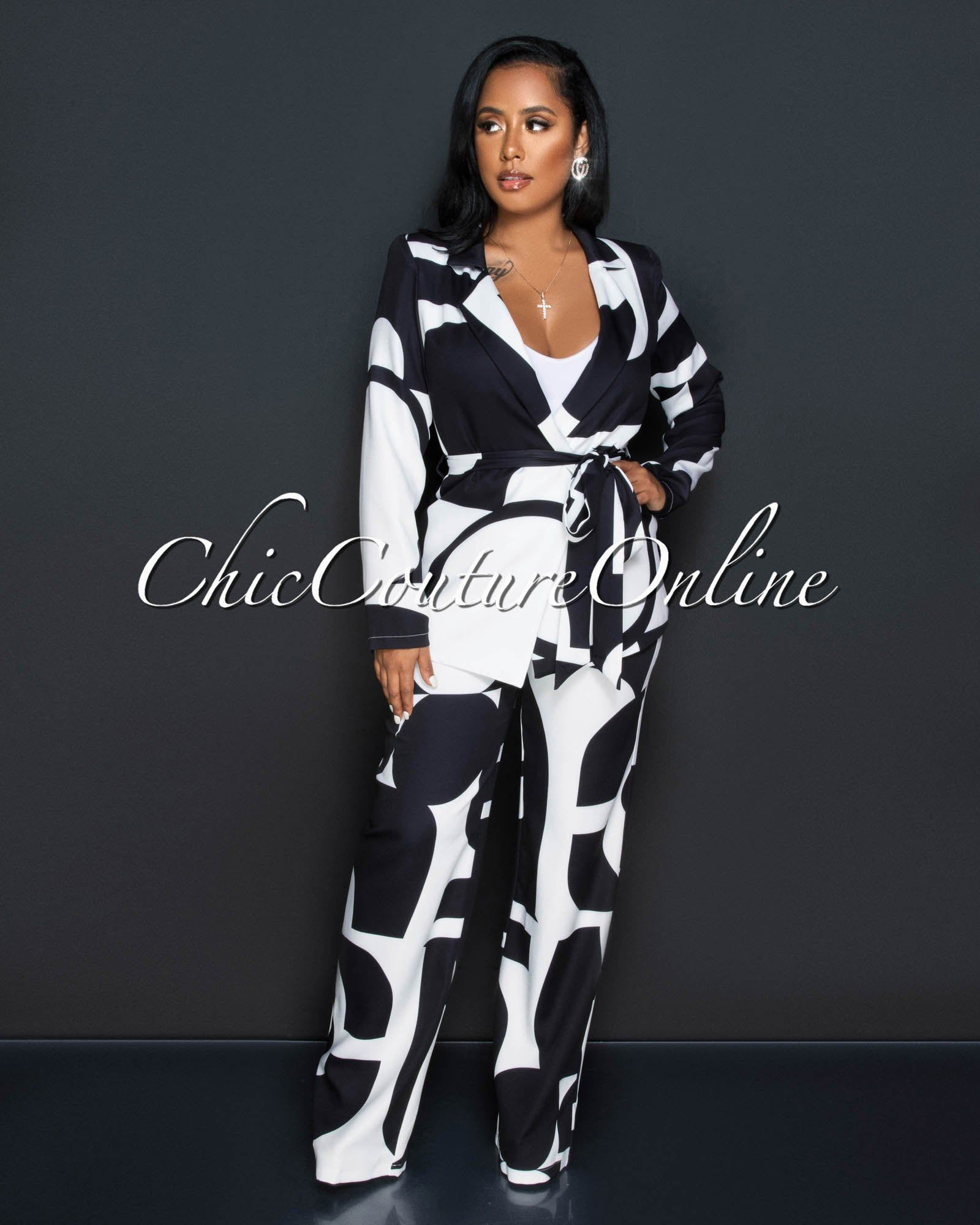 Janeen Black White Print Self-Tie Blazer & Wide Pants Set sold by Chic Couture product image thumbnail 2