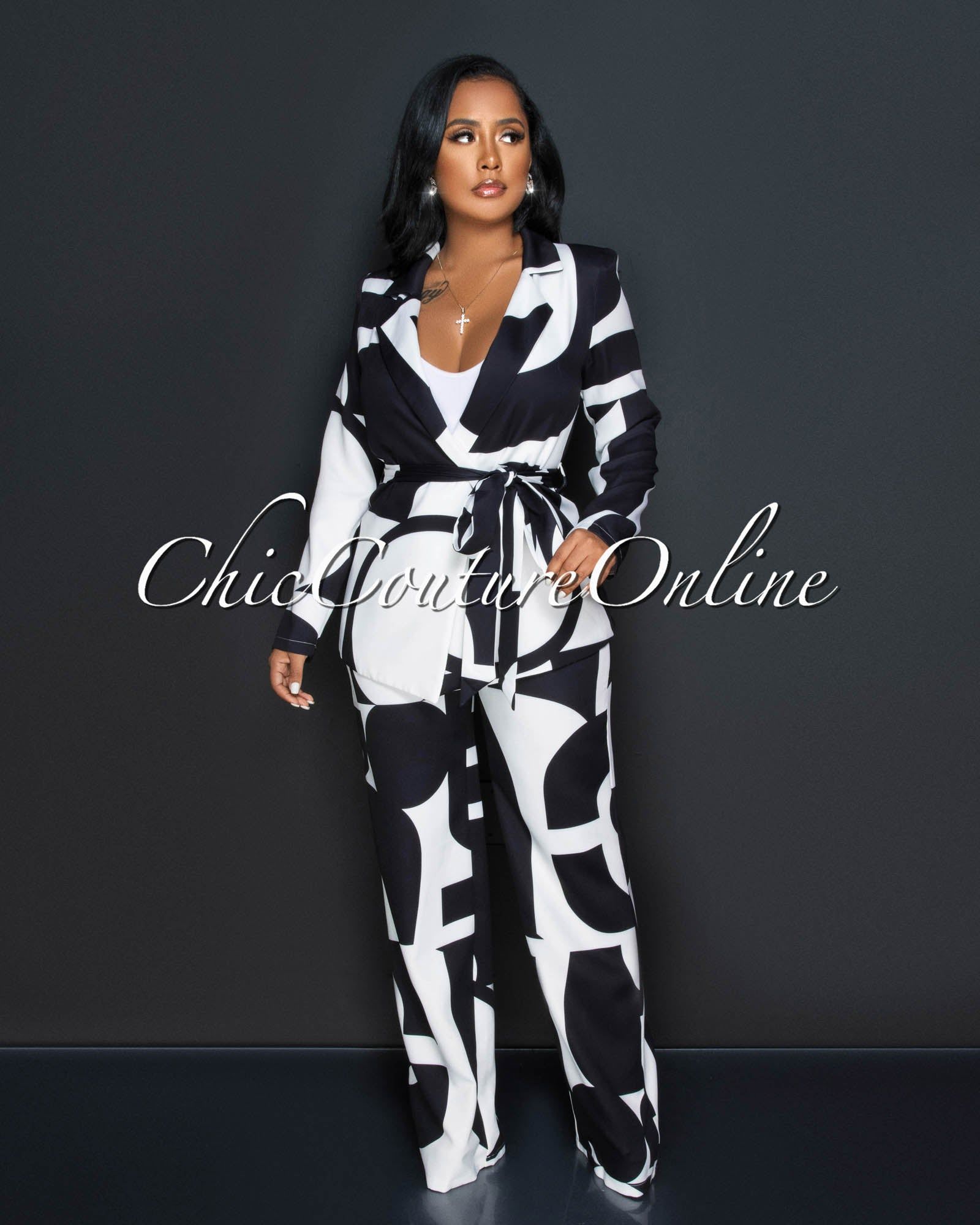Janeen Black White Print Self-Tie Blazer & Wide Pants Set sold by Chic Couture