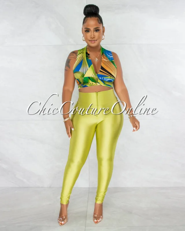 *Sandrena Blue Green Print Tie Top & Green Leggings Set sold by chic