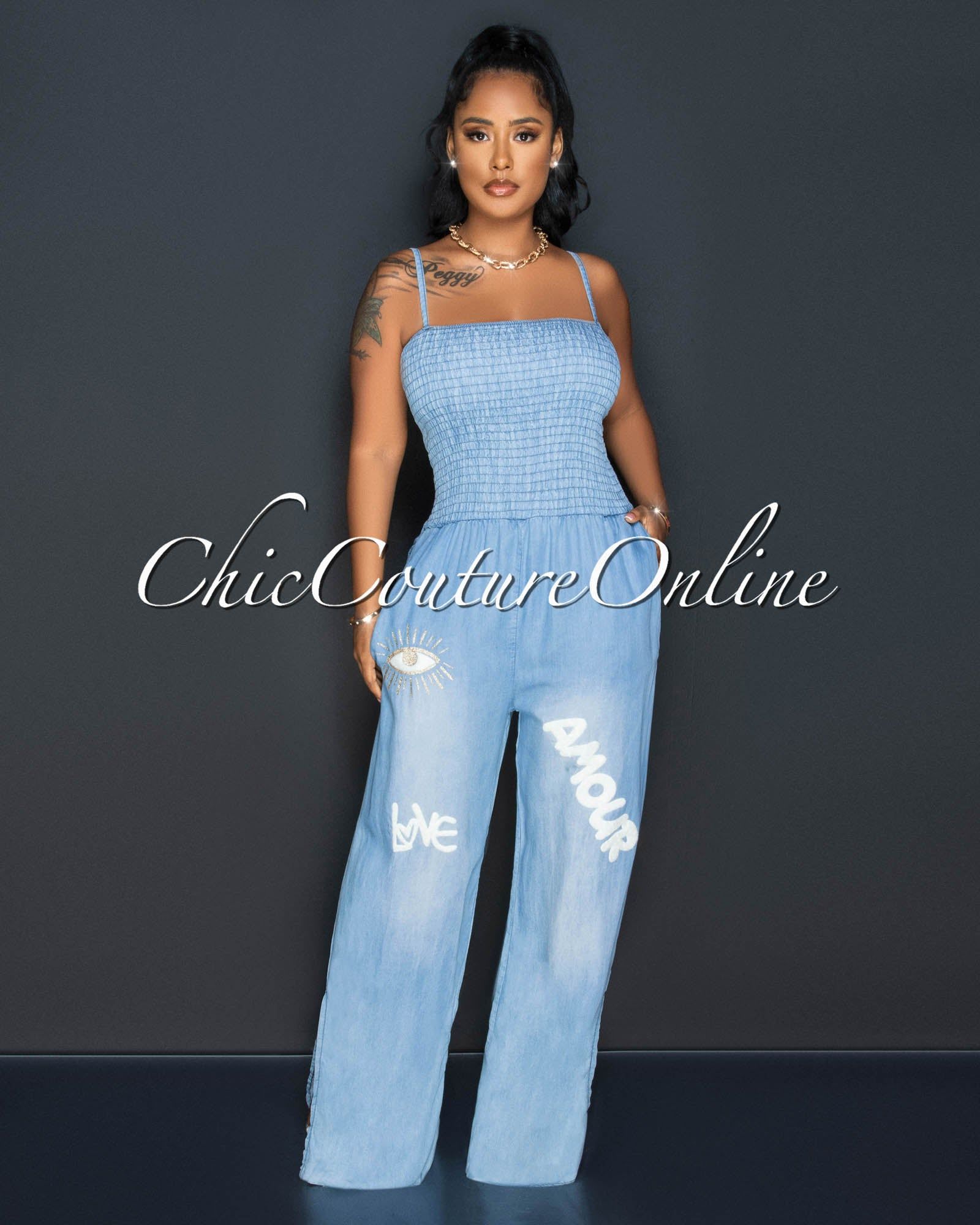 Jeanine Light Blue Smocked Top Graphics Chambray Jumpsuit sold by Chic Couture