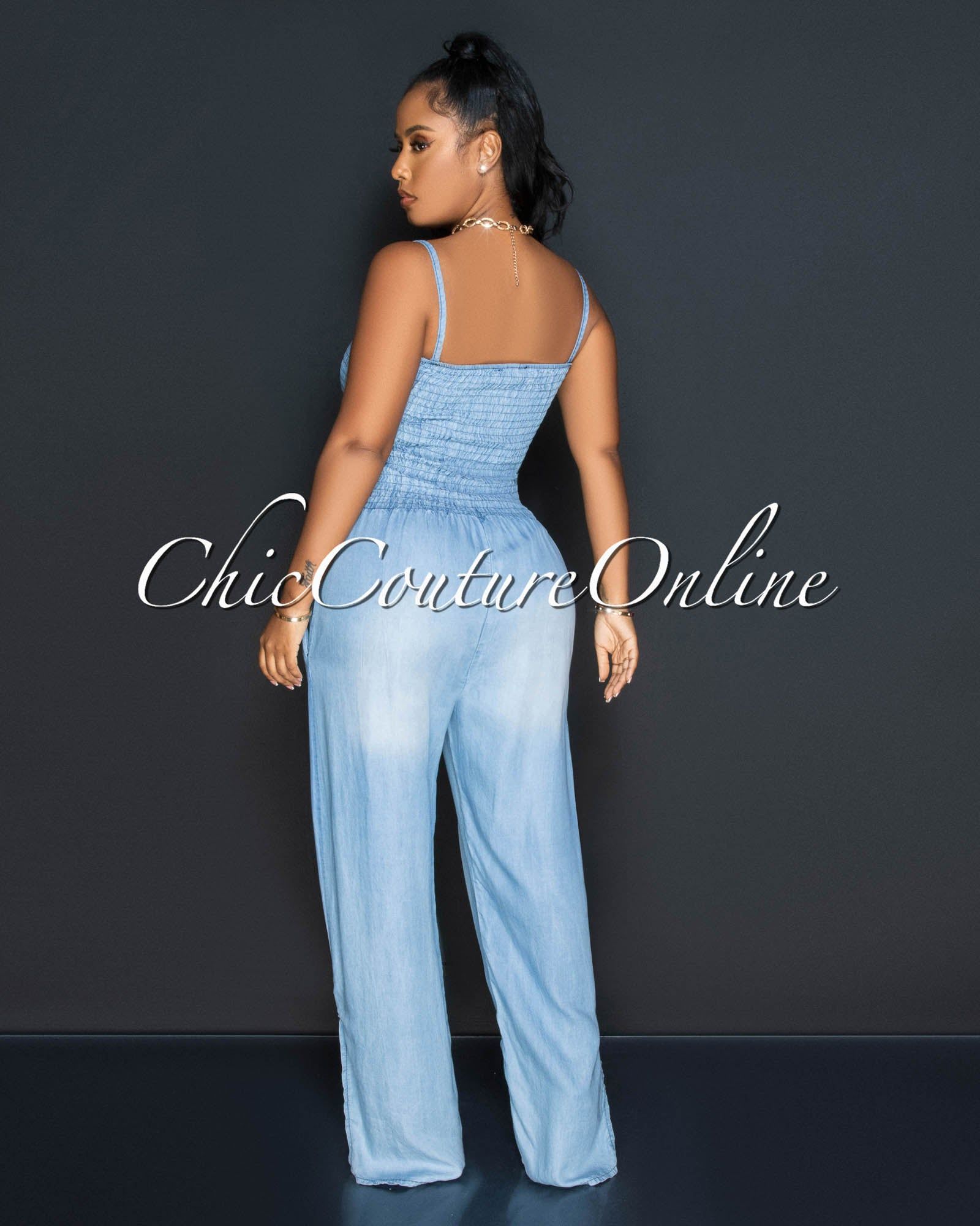 Jeanine Light Blue Smocked Top Graphics Chambray Jumpsuit sold by Chic Couture product image thumbnail 3