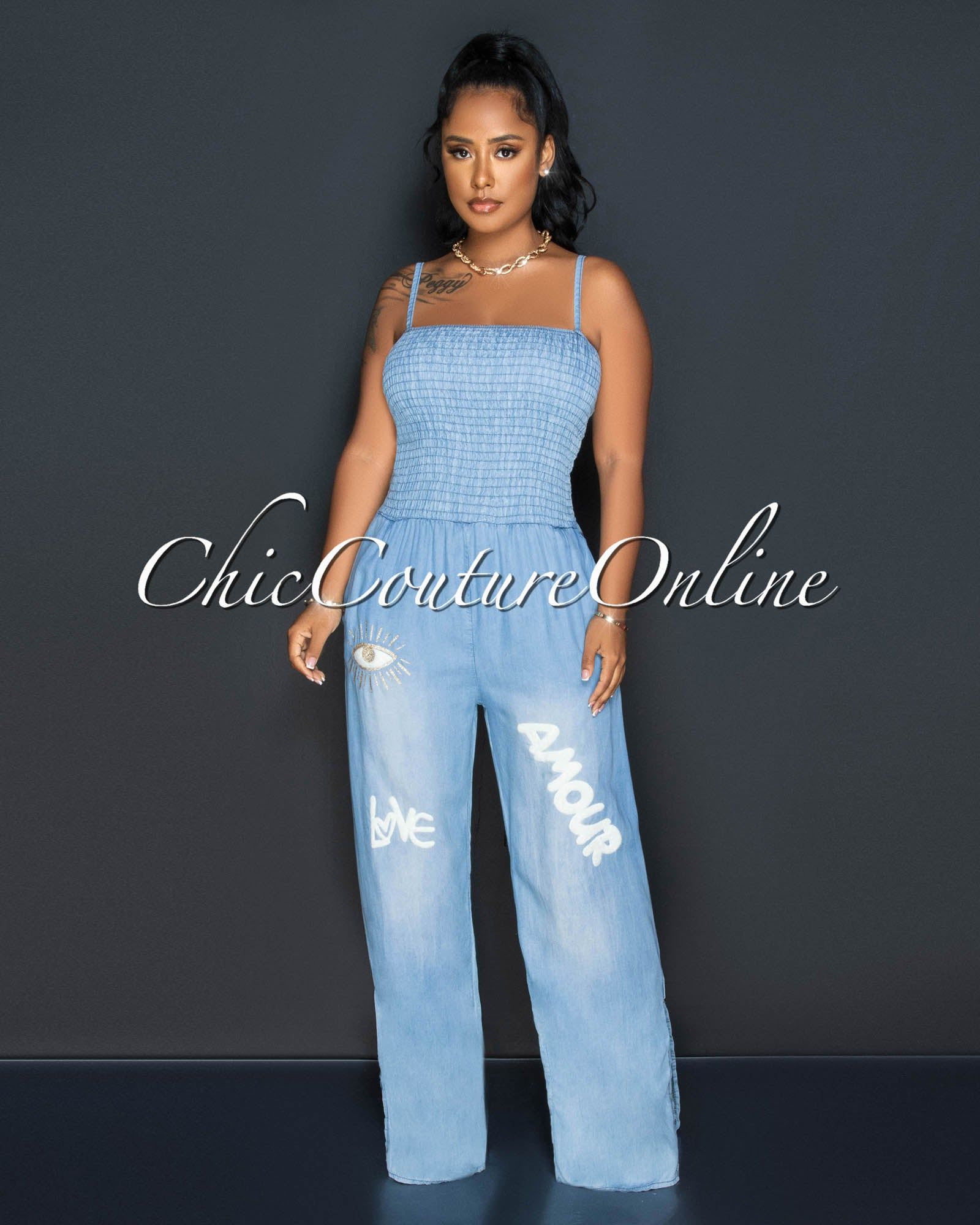 Jeanine Light Blue Smocked Top Graphics Chambray Jumpsuit sold by Chic Couture product image thumbnail 2