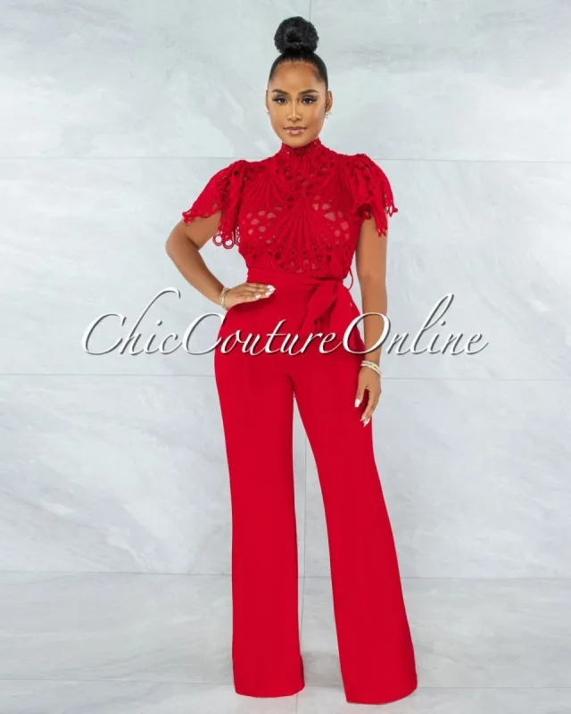 *Charity Red Crochet See-Thru Top Ruffle Sleeves Jumpsuit sold by Chic Couture