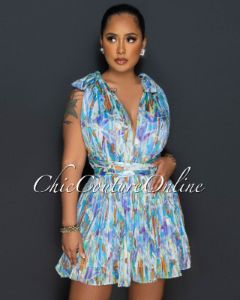 Aldo Blue Ivory Print Shimmer Pleated Romper sold by Chic Couture