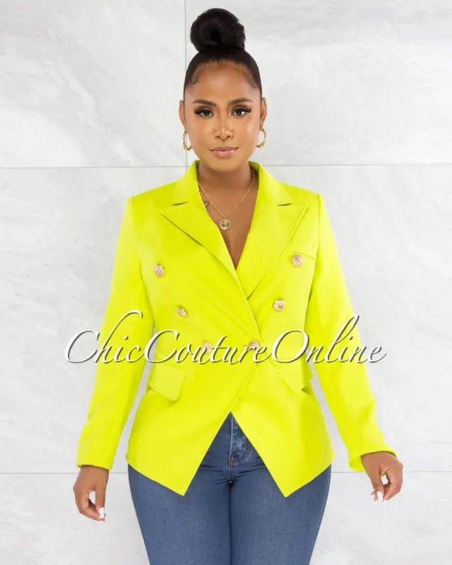 Fakira Lemon Double Trench Gold Buttons Blazer sold by chic