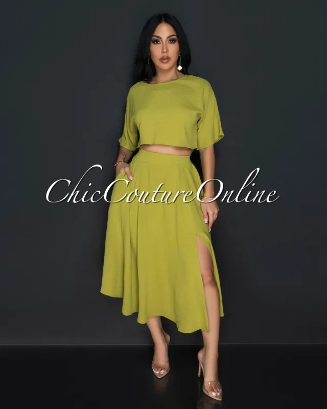 Enola Olive Green Crop Top & Maxi Skirt Set sold by Chic Couture
