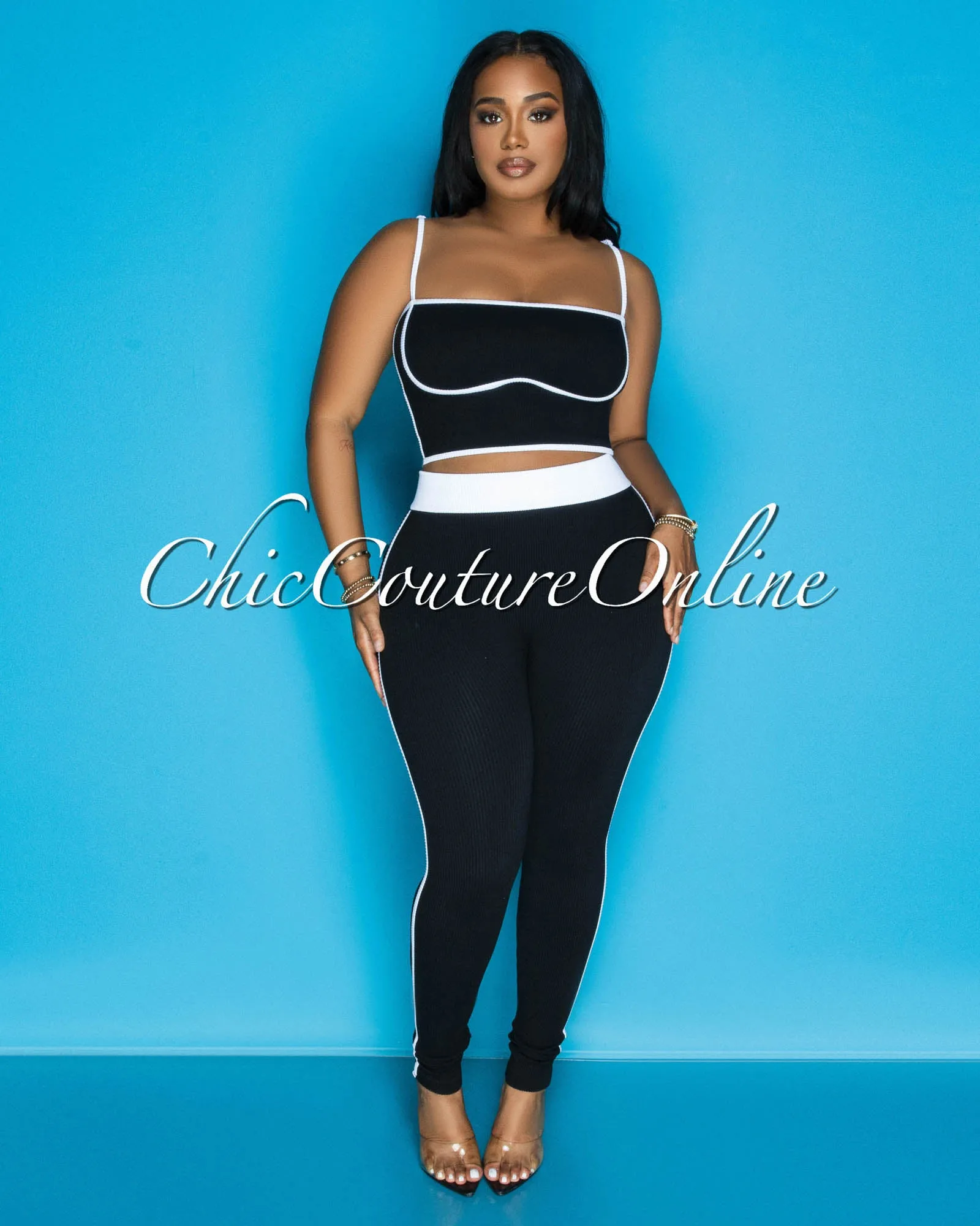 Manika Black White Crop Top & Leggings Ribbed Sculpting Set (9/11) sold by Chic Couture product image thumbnail 5
