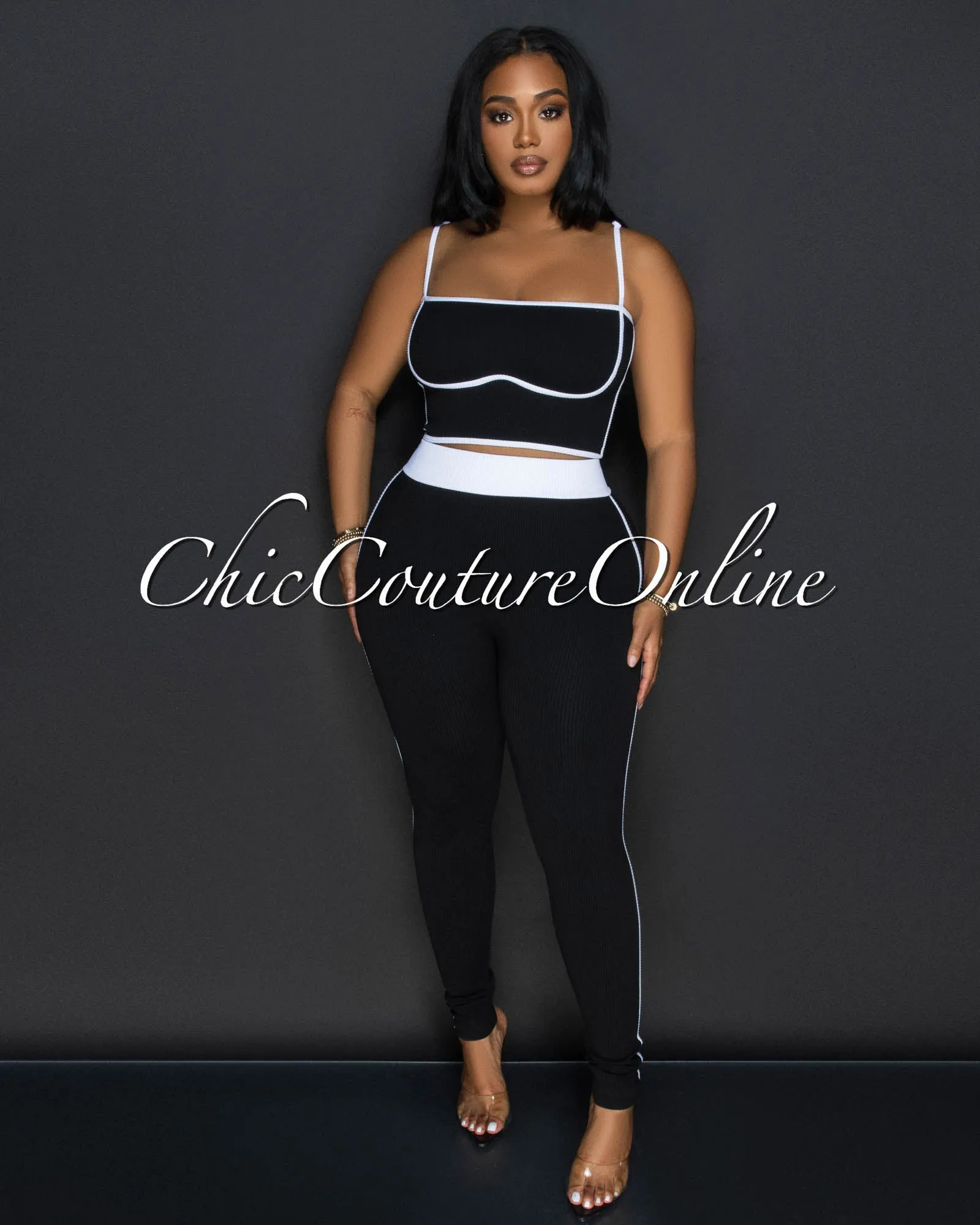 Manika Black White Crop Top & Leggings Ribbed Sculpting Set (9/11) sold by Chic Couture product image thumbnail 2