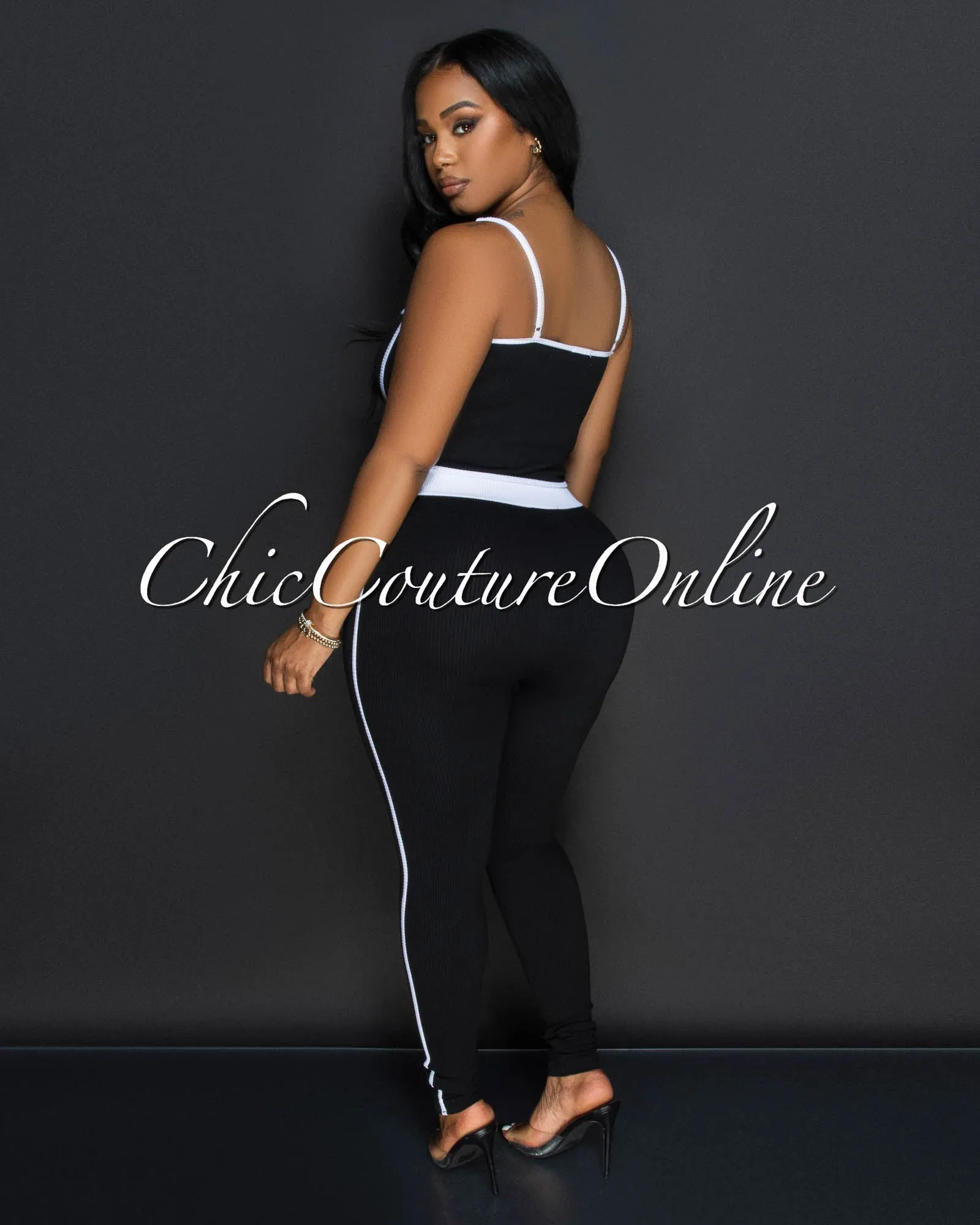 Manika Black White Crop Top & Leggings Ribbed Sculpting Set (9/11) sold by Chic Couture product image thumbnail 3