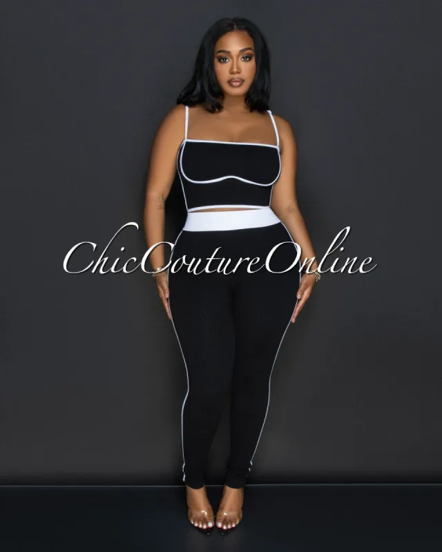 Manika Black White Crop Top & Leggings Ribbed Sculpting Set (9/11) sold by Chic Couture