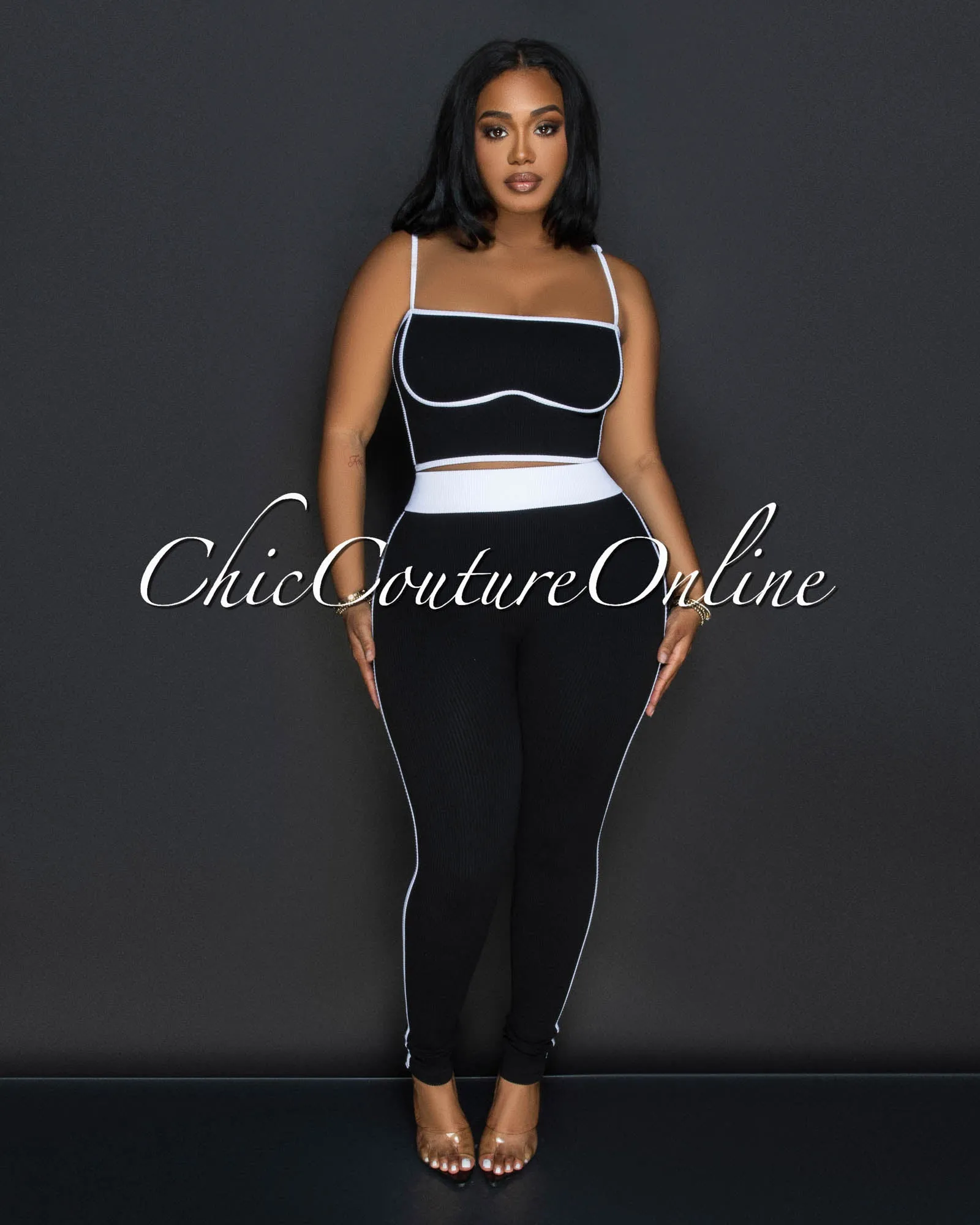Manika Black White Crop Top & Leggings Ribbed Sculpting Set (9/11) sold by Chic Couture