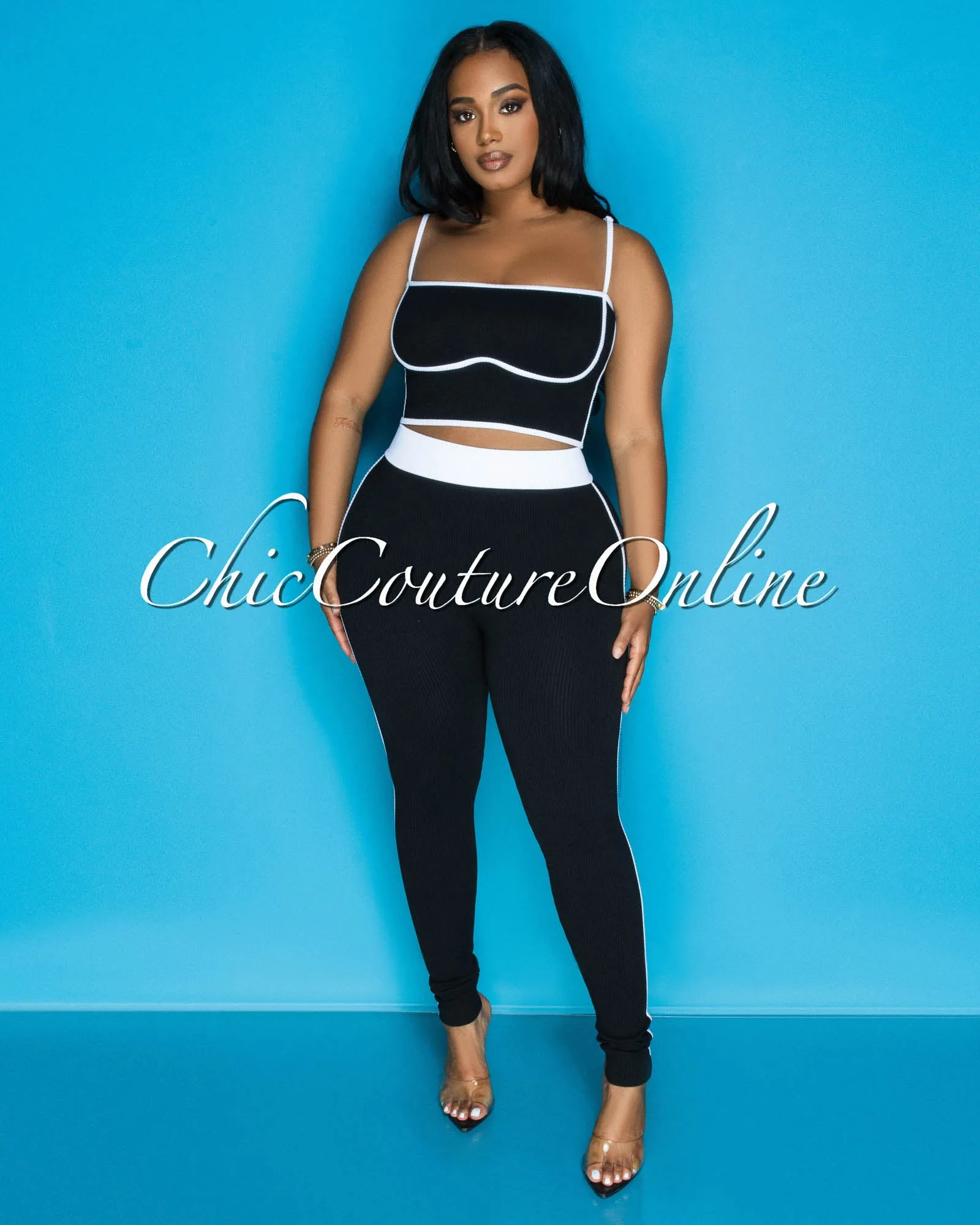 Manika Black White Crop Top & Leggings Ribbed Sculpting Set (9/11) sold by Chic Couture product image thumbnail 4