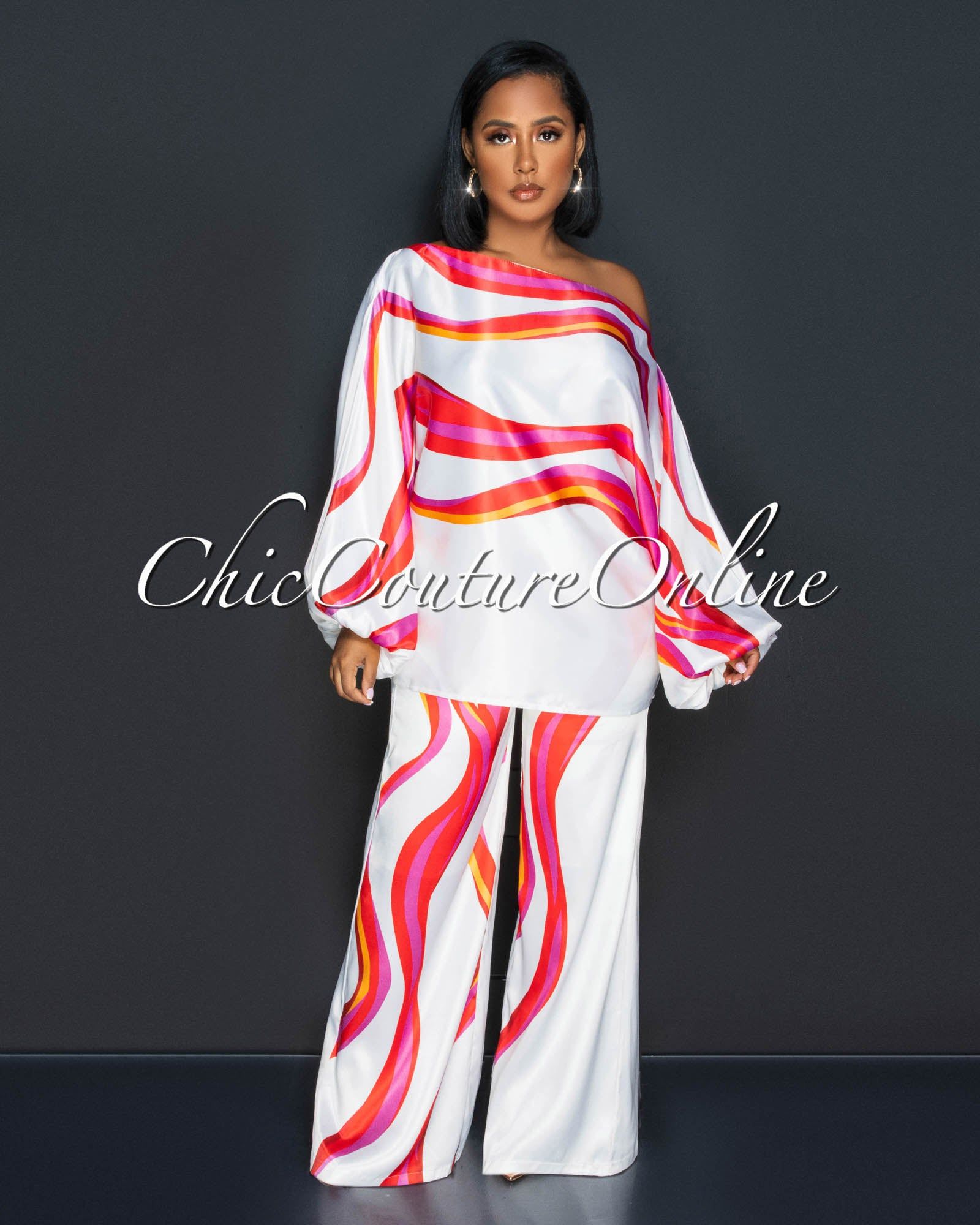 Kaira White Red Print Tunic Top & Wide Pants Silky Set sold by Chic Couture product image thumbnail 3