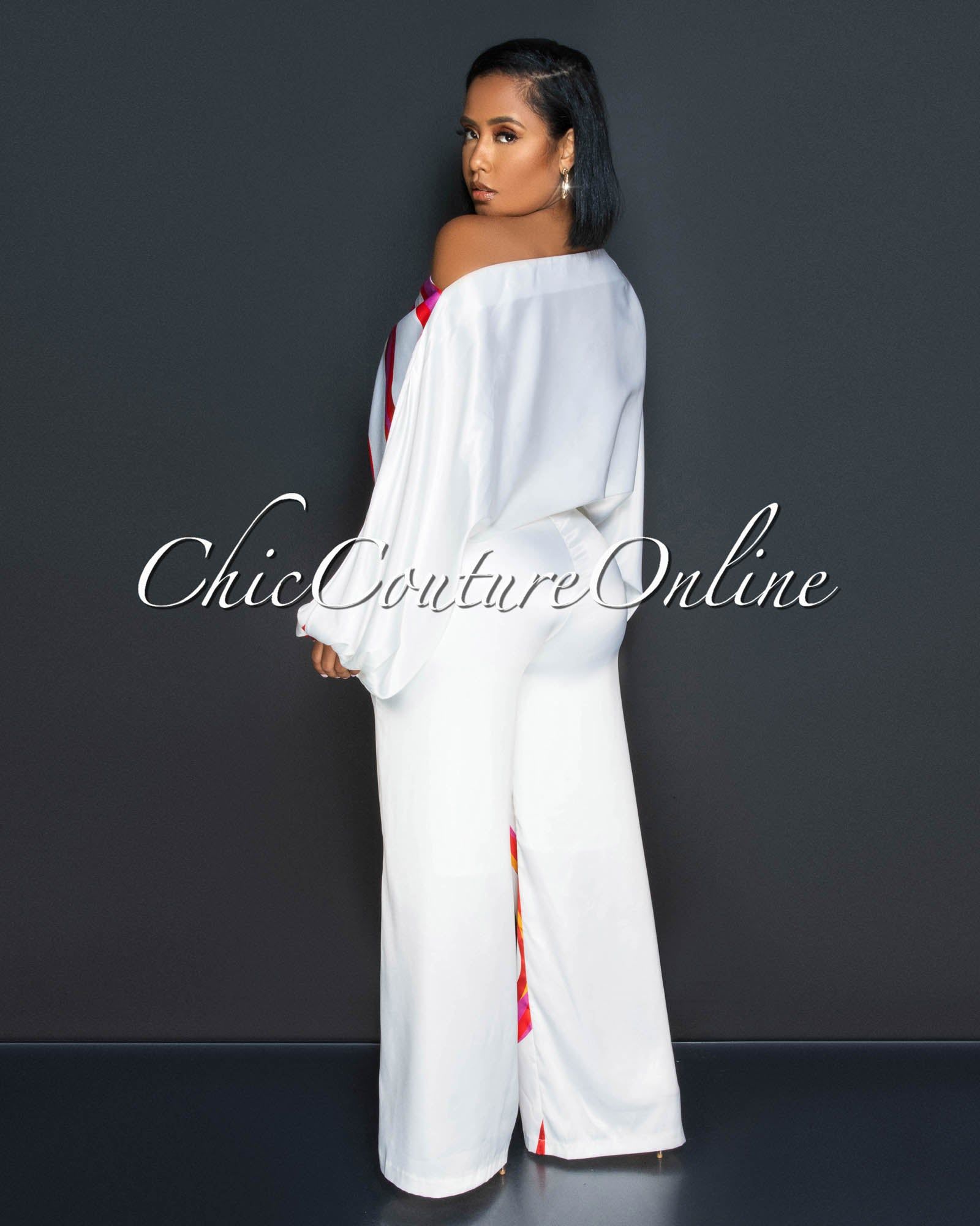Kaira White Red Print Tunic Top & Wide Pants Silky Set sold by Chic Couture product image thumbnail 4