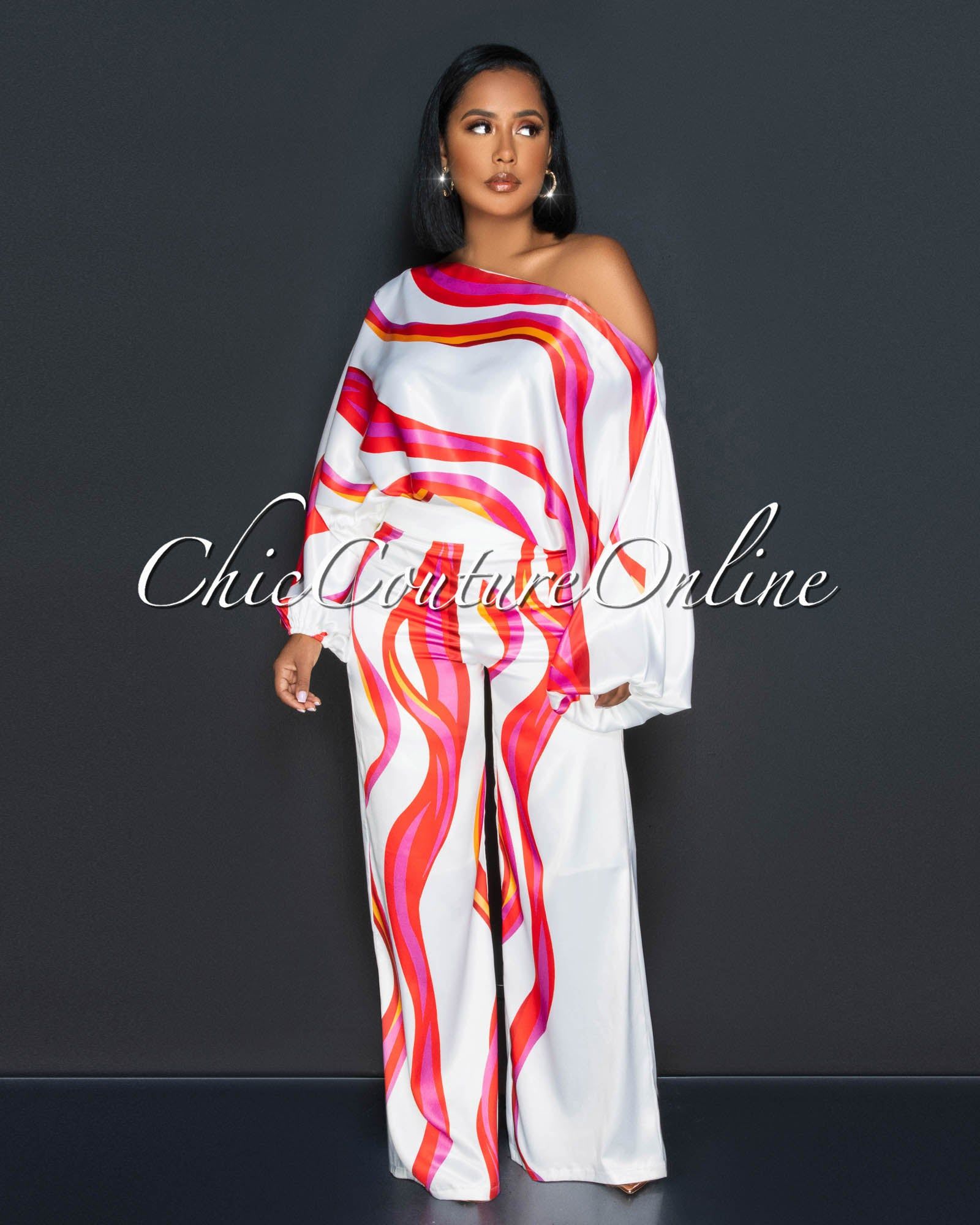 Kaira White Red Print Tunic Top & Wide Pants Silky Set sold by Chic Couture product image thumbnail 2