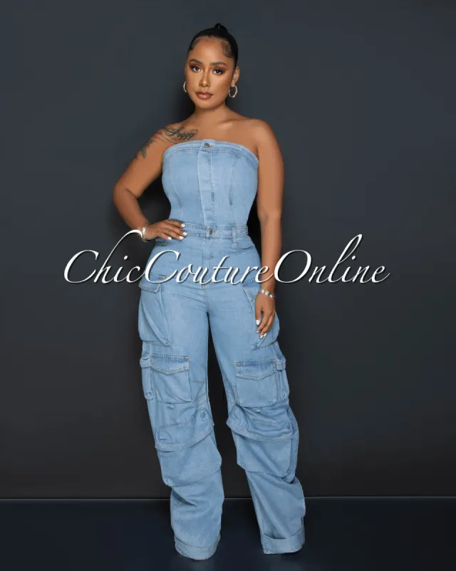 Antoine Light Denim Strapless Cargo Jumpsuit sold by Chic Couture