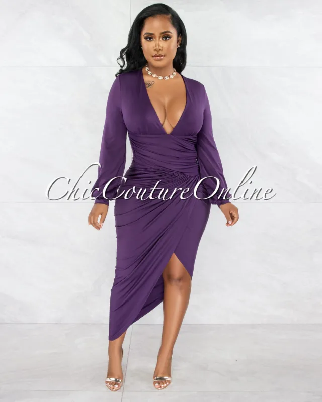 Vida Purple V-Neck Draped Waistband Midi Dress sold by chic