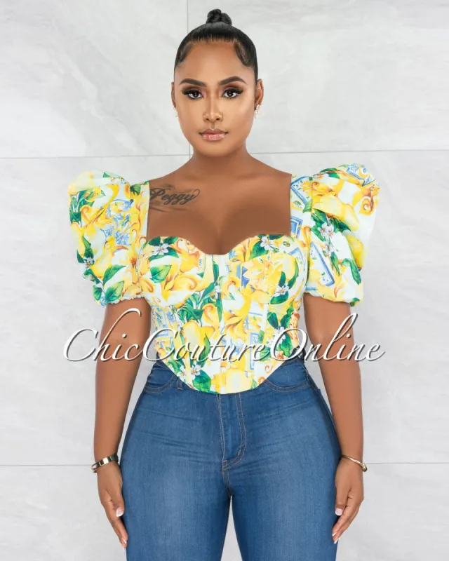 *Paine Yellow Green Print Corset Style Crop Top sold by Chic Couture