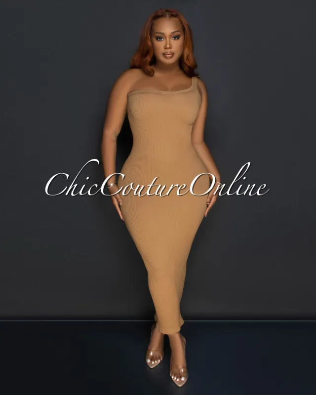 Thia Nude Single Shoulder Ribbed Midi Dress sold by Chic Couture