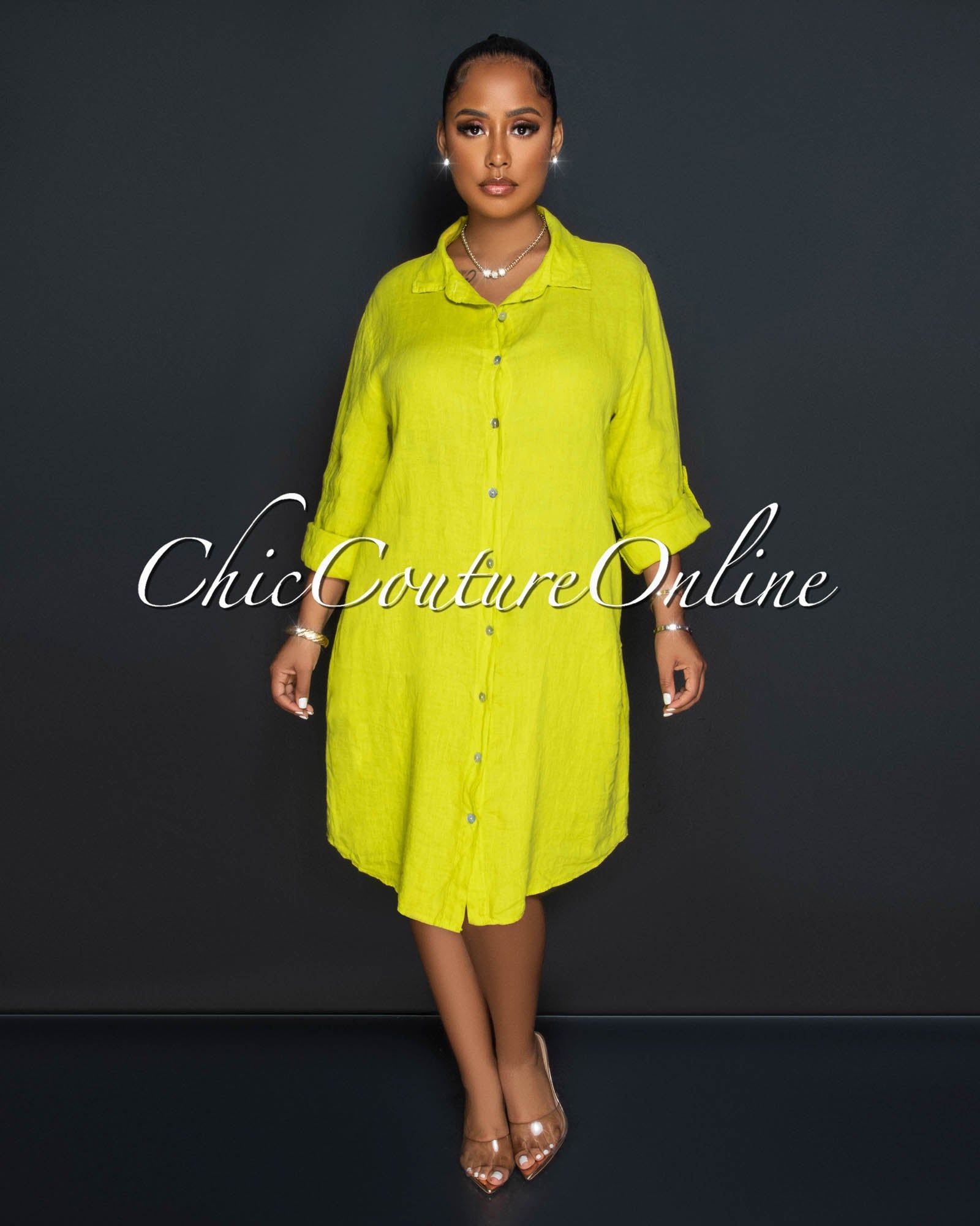 Cheyenne Lime Front Buttons Shirt LINEN Midi Dress sold by Chic Couture