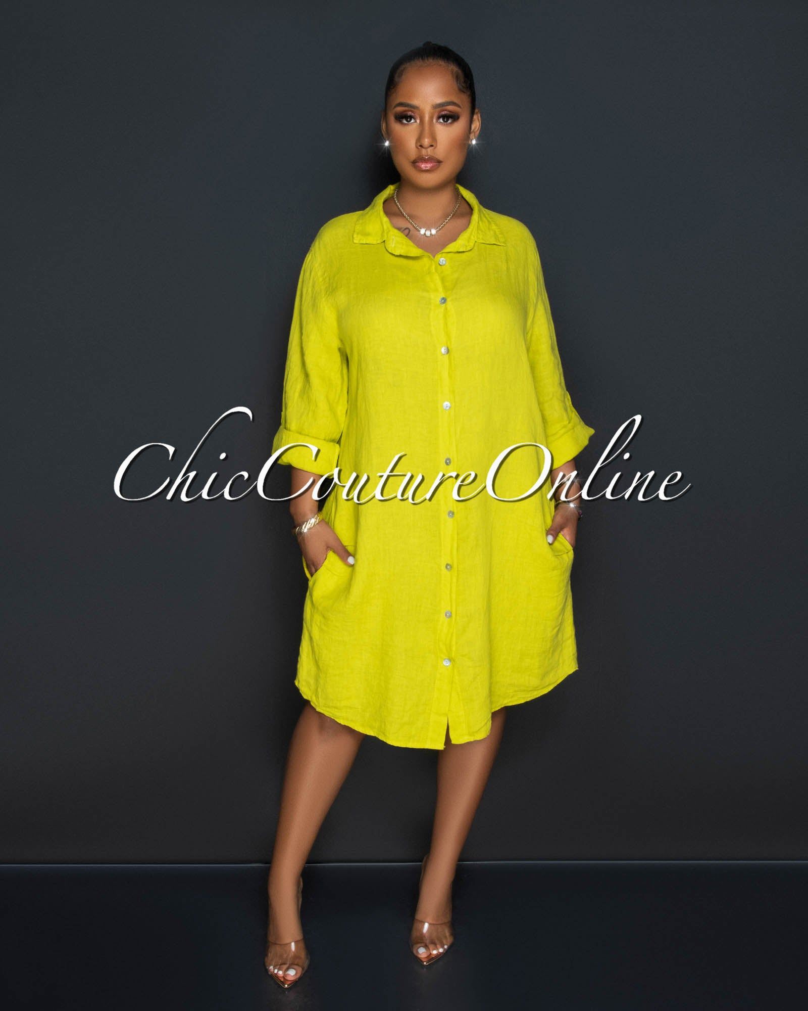 Cheyenne Lime Front Buttons Shirt LINEN Midi Dress sold by Chic Couture product image thumbnail 2