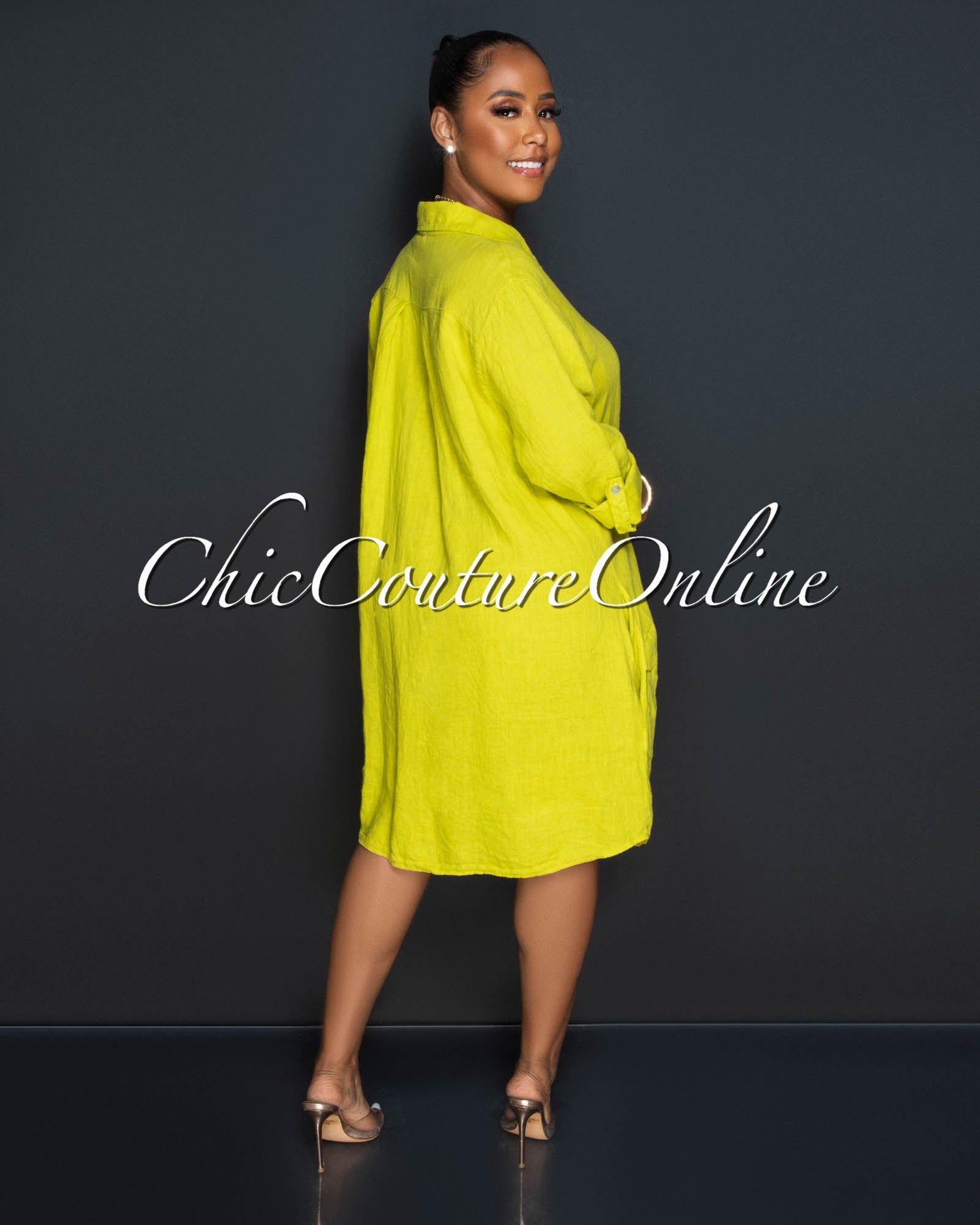 Cheyenne Lime Front Buttons Shirt LINEN Midi Dress sold by Chic Couture product image thumbnail 3