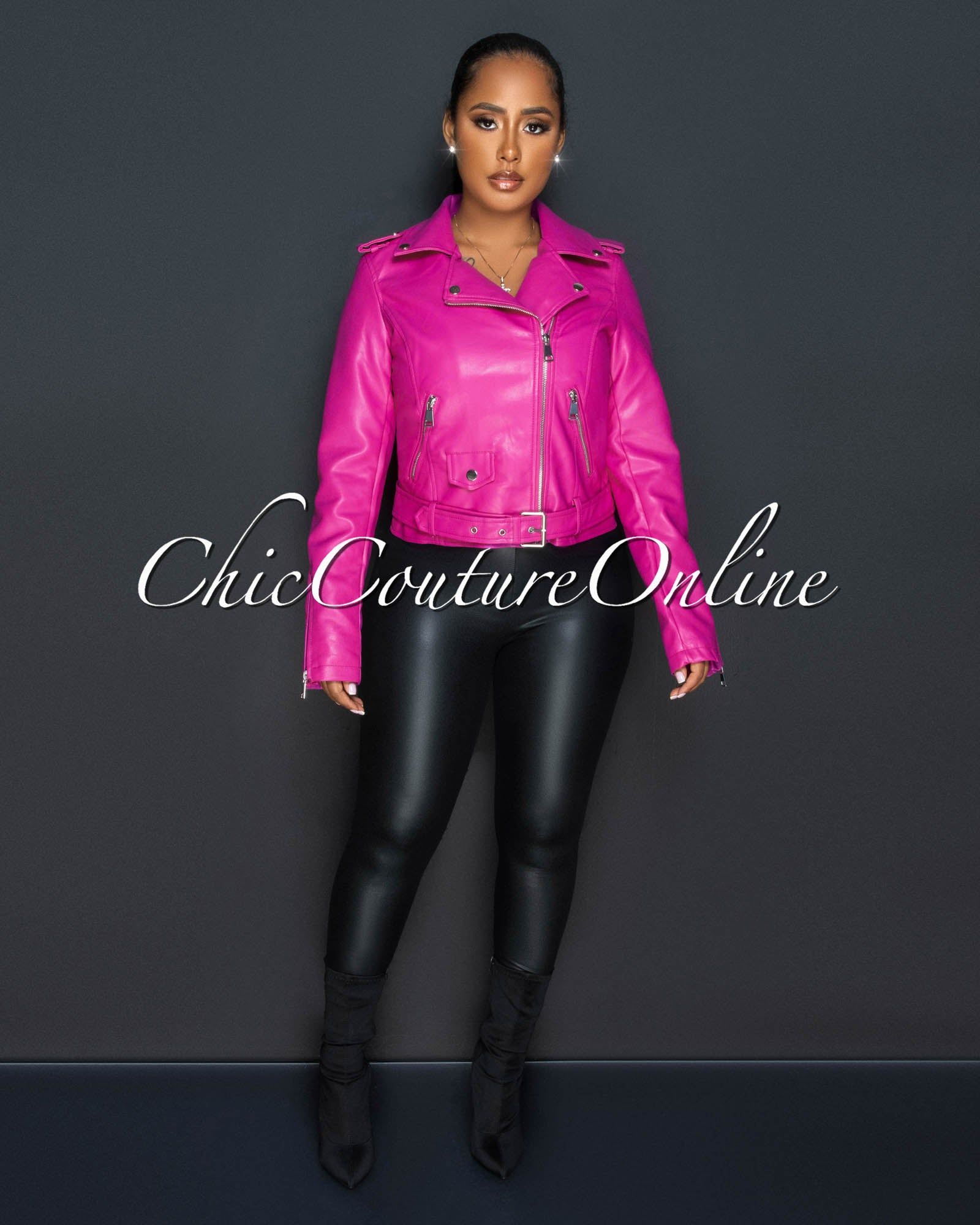 Vinaya Magenta Vegan Leather Zippered Jacket sold by Chic Couture product image thumbnail 2