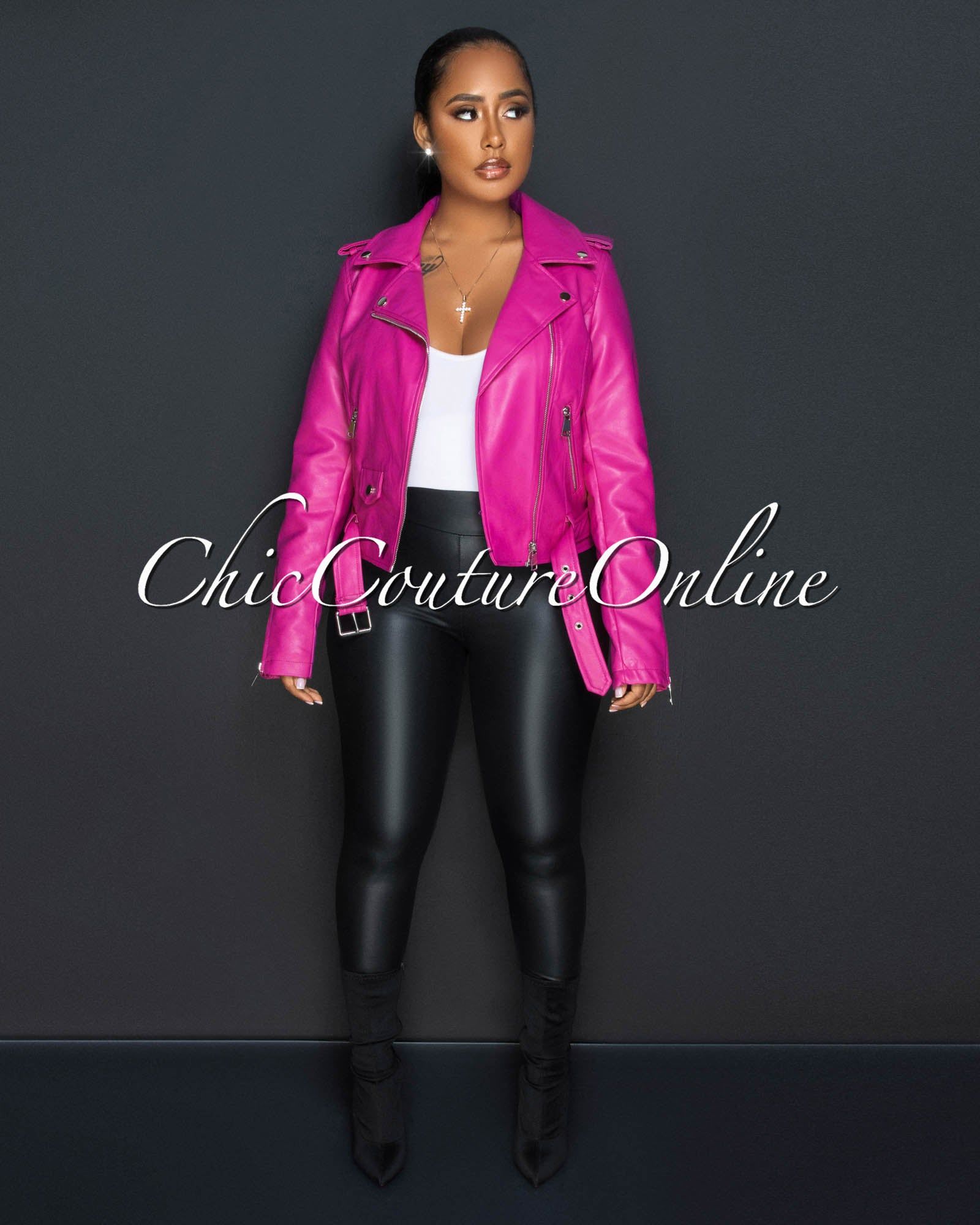 Vinaya Magenta Vegan Leather Zippered Jacket sold by Chic Couture product image thumbnail 4