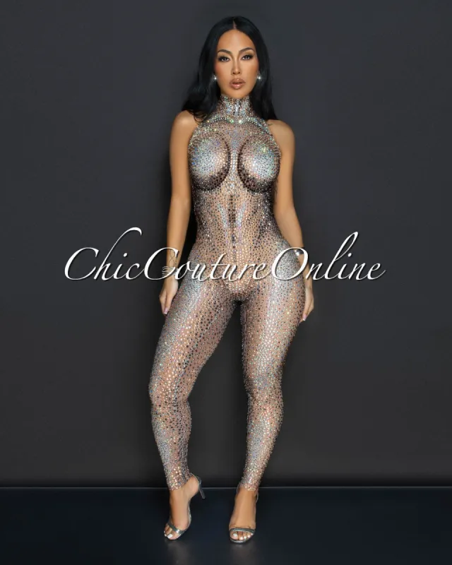 Suky Nude Rhinestones Mesh Jumpsuit sold by Chic Couture
