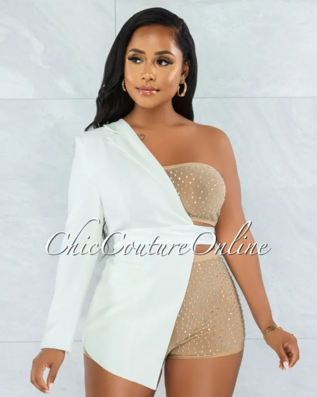 Cowrie White Nude Mesh Rhinestones Blazer & Shorts Three Piece Set sold by chic
