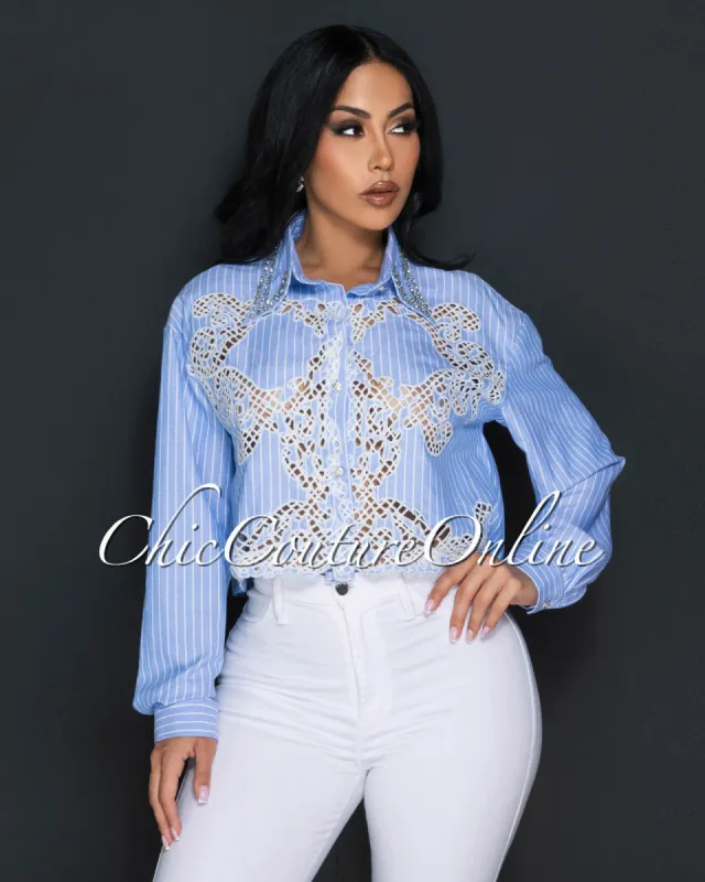*Myra Blue White Rhinestones Lace Shirt sold by Chic Couture