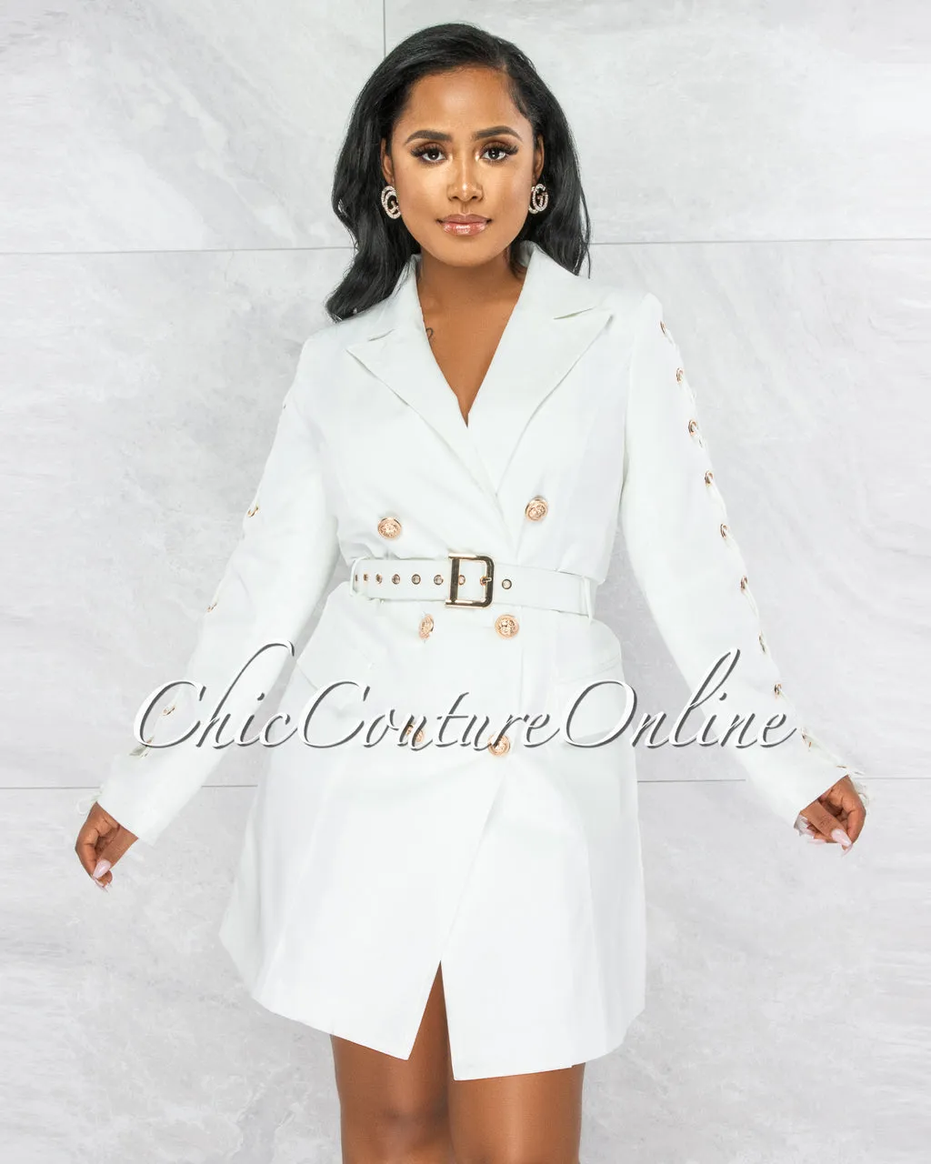 *Rusalka Off-White Double Trench Gold Buttons Belt Dress sold by Chic Couture