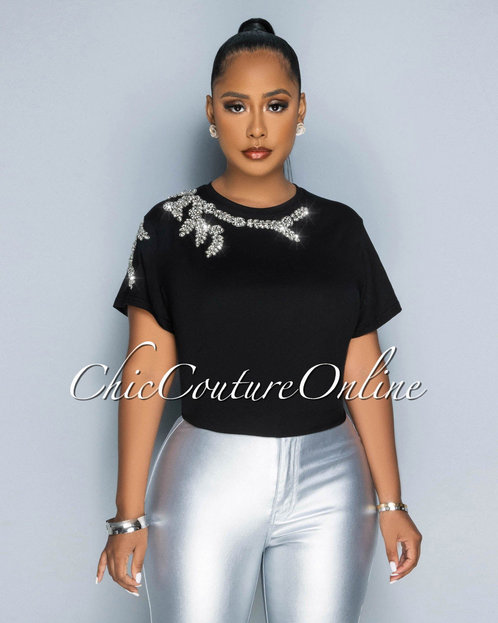 Jannie Black Rhinestones Accent T-Shirt sold by Chic Couture