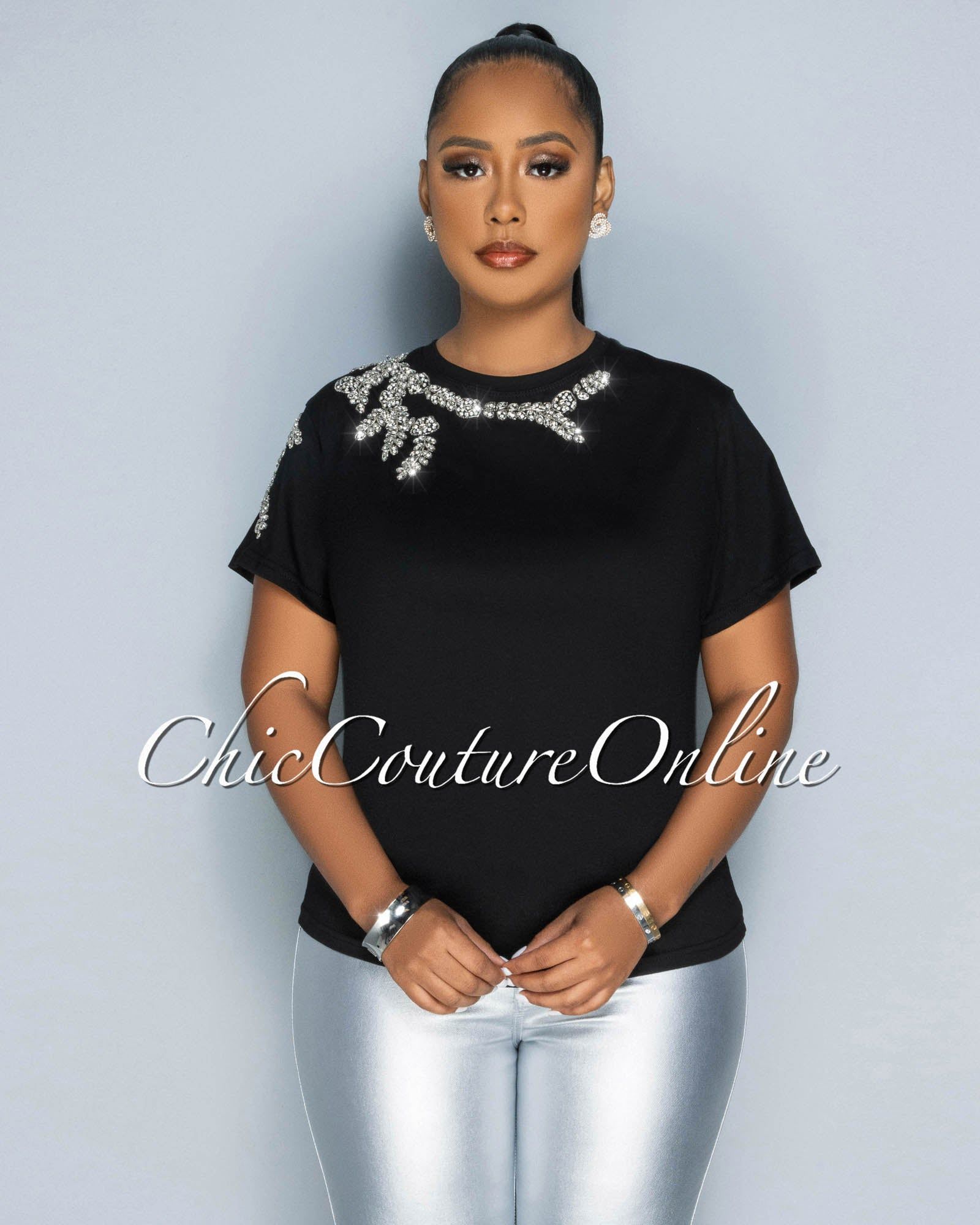 Jannie Black Rhinestones Accent T-Shirt sold by Chic Couture product image thumbnail 4