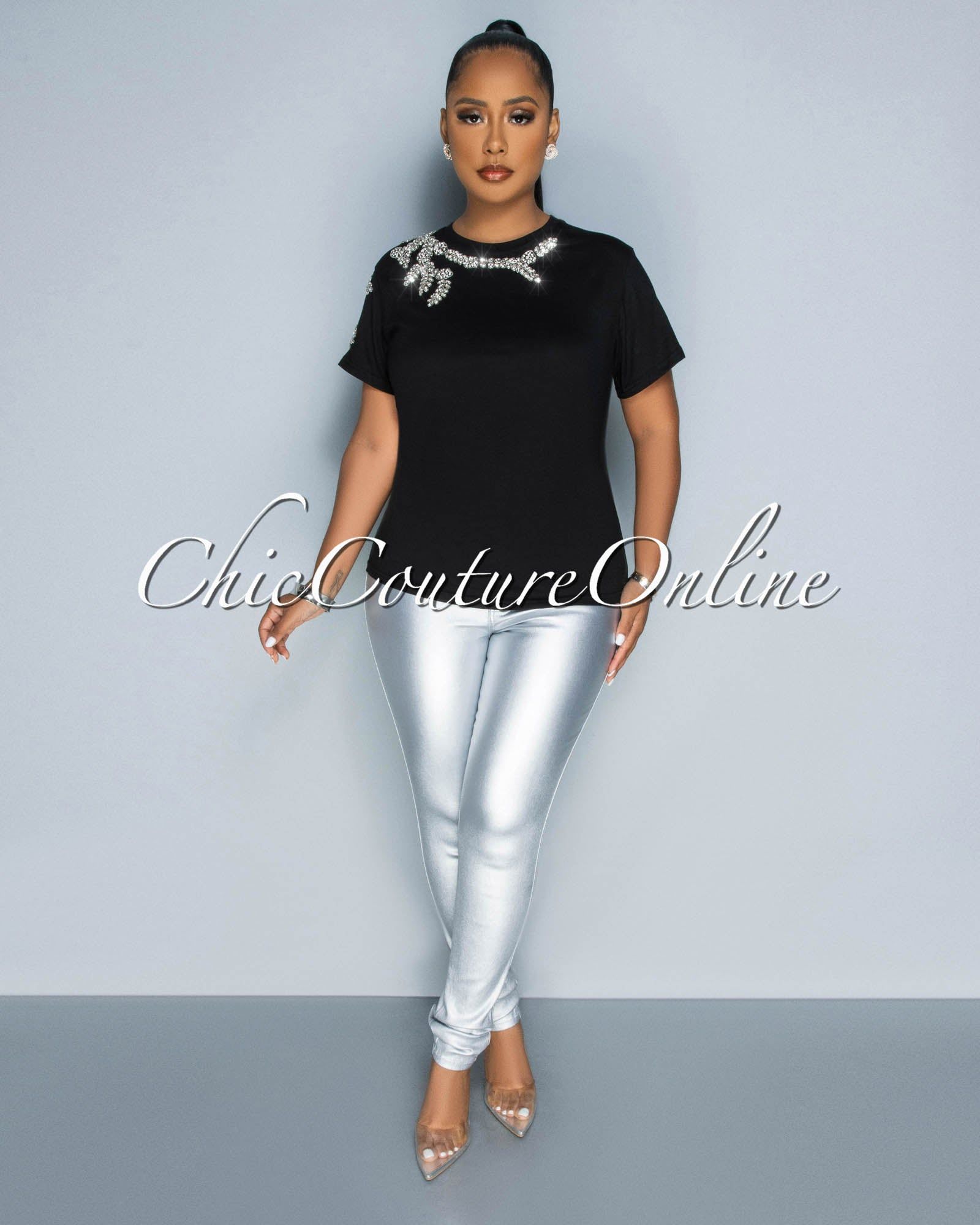 Jannie Black Rhinestones Accent T-Shirt sold by Chic Couture product image thumbnail 3