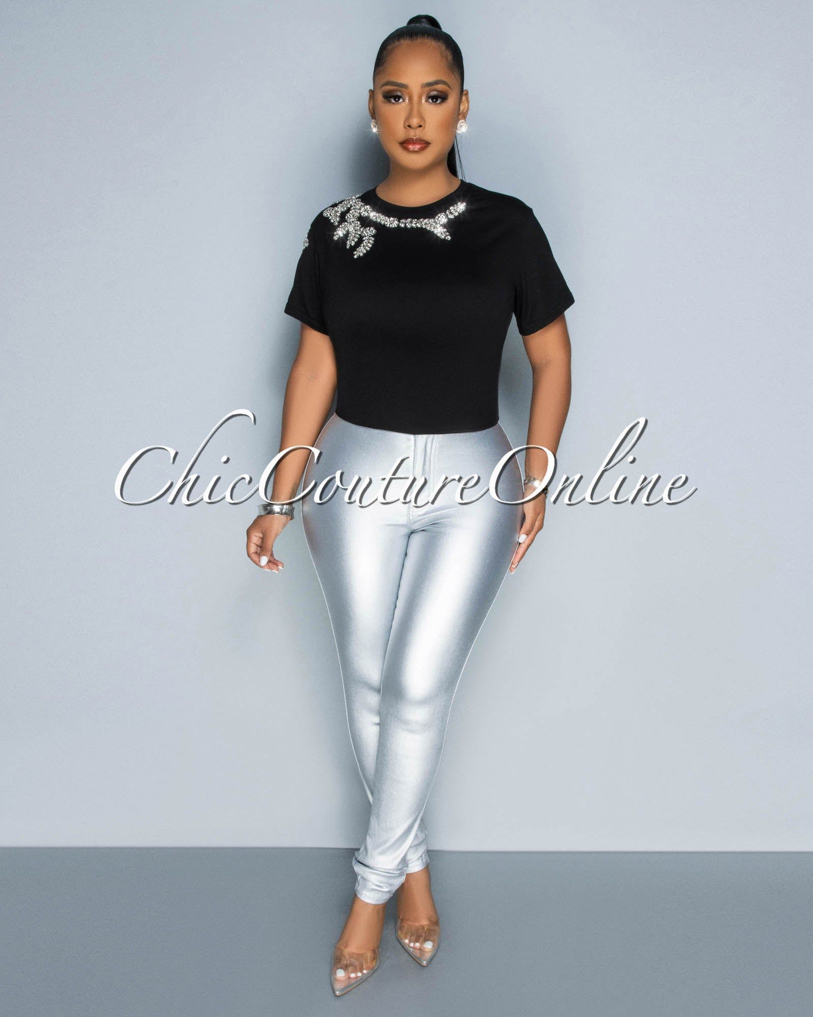 Jannie Black Rhinestones Accent T-Shirt sold by Chic Couture product image thumbnail 2