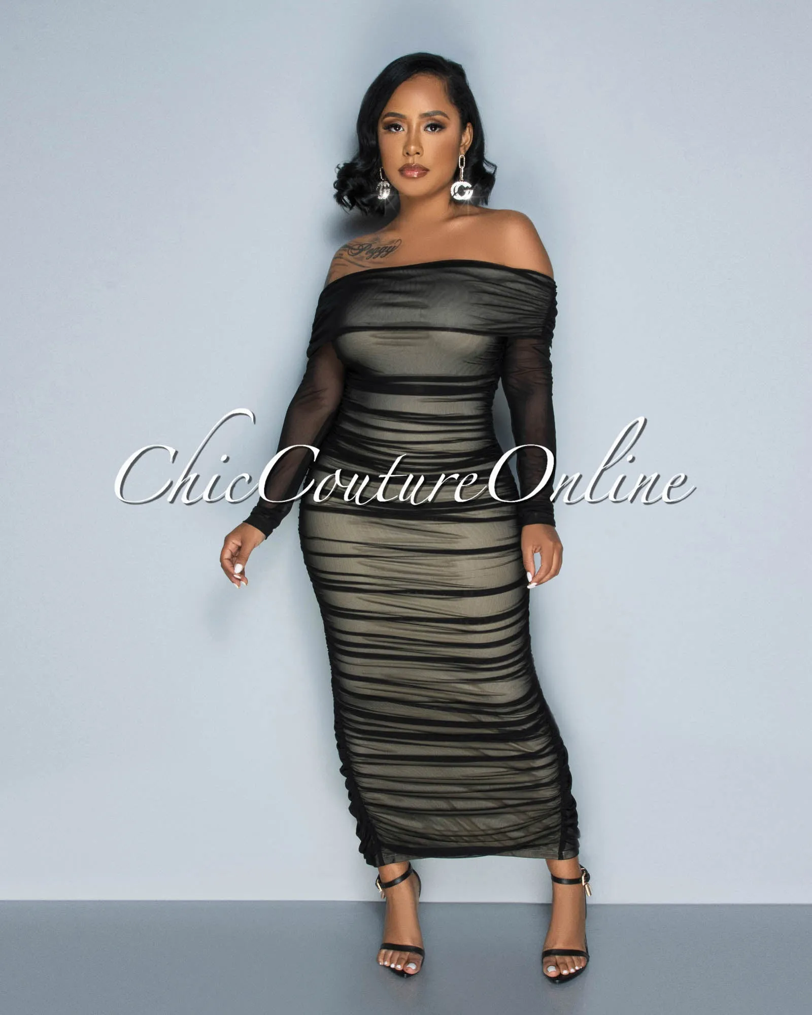 Radiel Black Nude Illusion Mesh Draped Maxi Dress sold by Chic Couture product image thumbnail 2