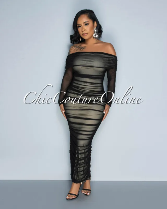 Radiel Black Nude Illusion Mesh Draped Maxi Dress sold by Chic Couture