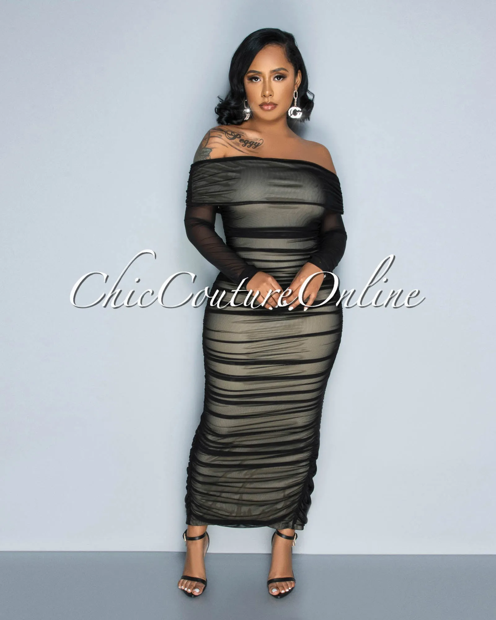 Radiel Black Nude Illusion Mesh Draped Maxi Dress sold by Chic Couture product image thumbnail 3