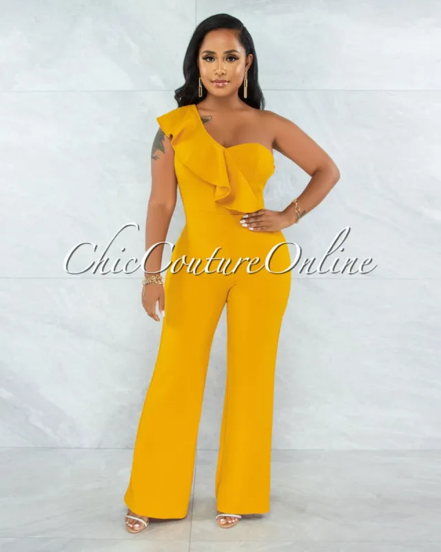 *Zita Mustard Single Shoulder Ruffle Jumpsuit sold by chic