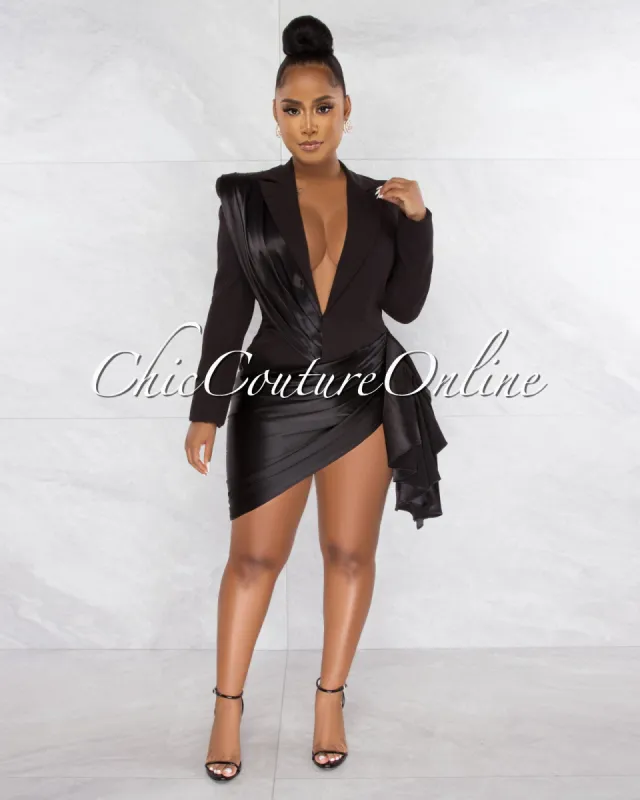 *Vilina Black Silky Draped Overlay Bodysuit Dress sold by Chic Couture