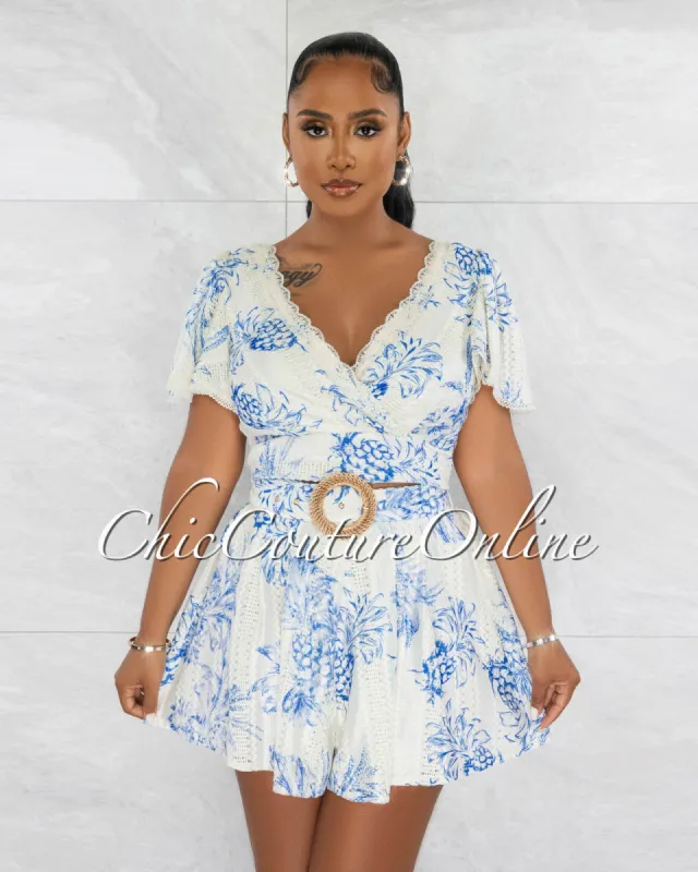 *Jonier White Blue Print Crop Top & Shorts Crochet Accent Set sold by Chic Couture