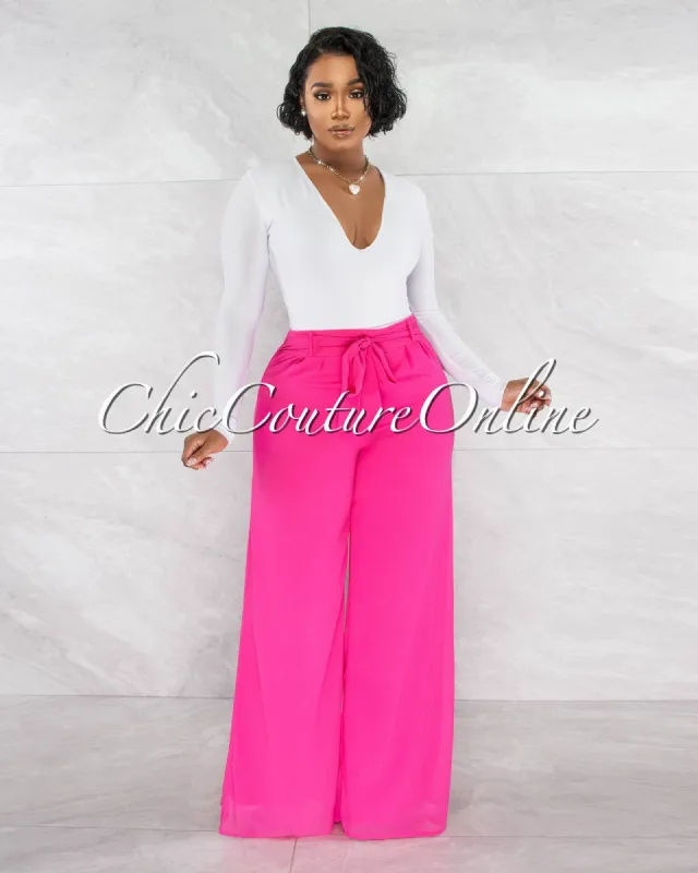 Chairo Hot-Pink Self-Tie Wait Wide Legs Pants sold by chic